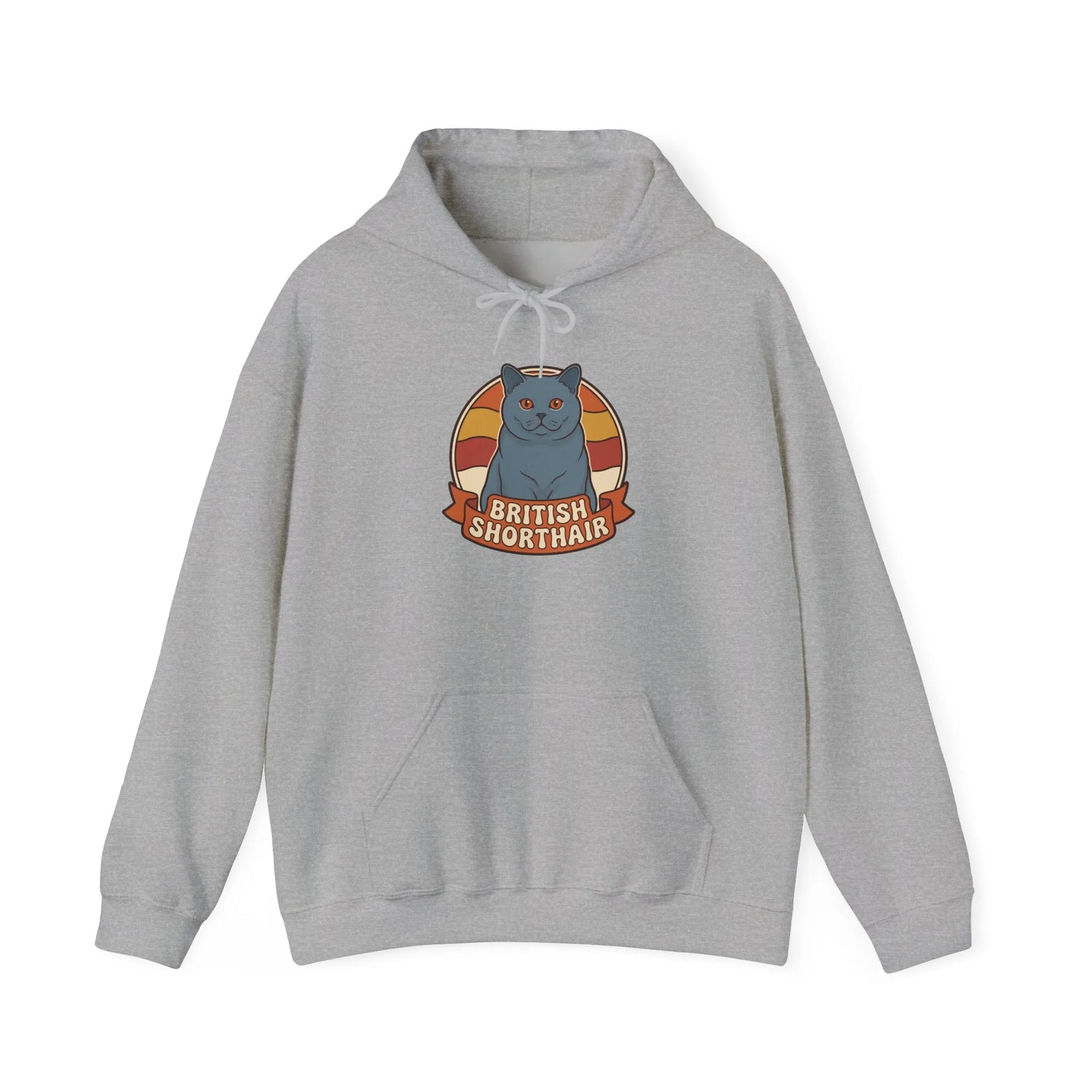 British Shorthair Retro Sunset Hoodie - Cozy Cotton Blend Pullover - Unisex White
