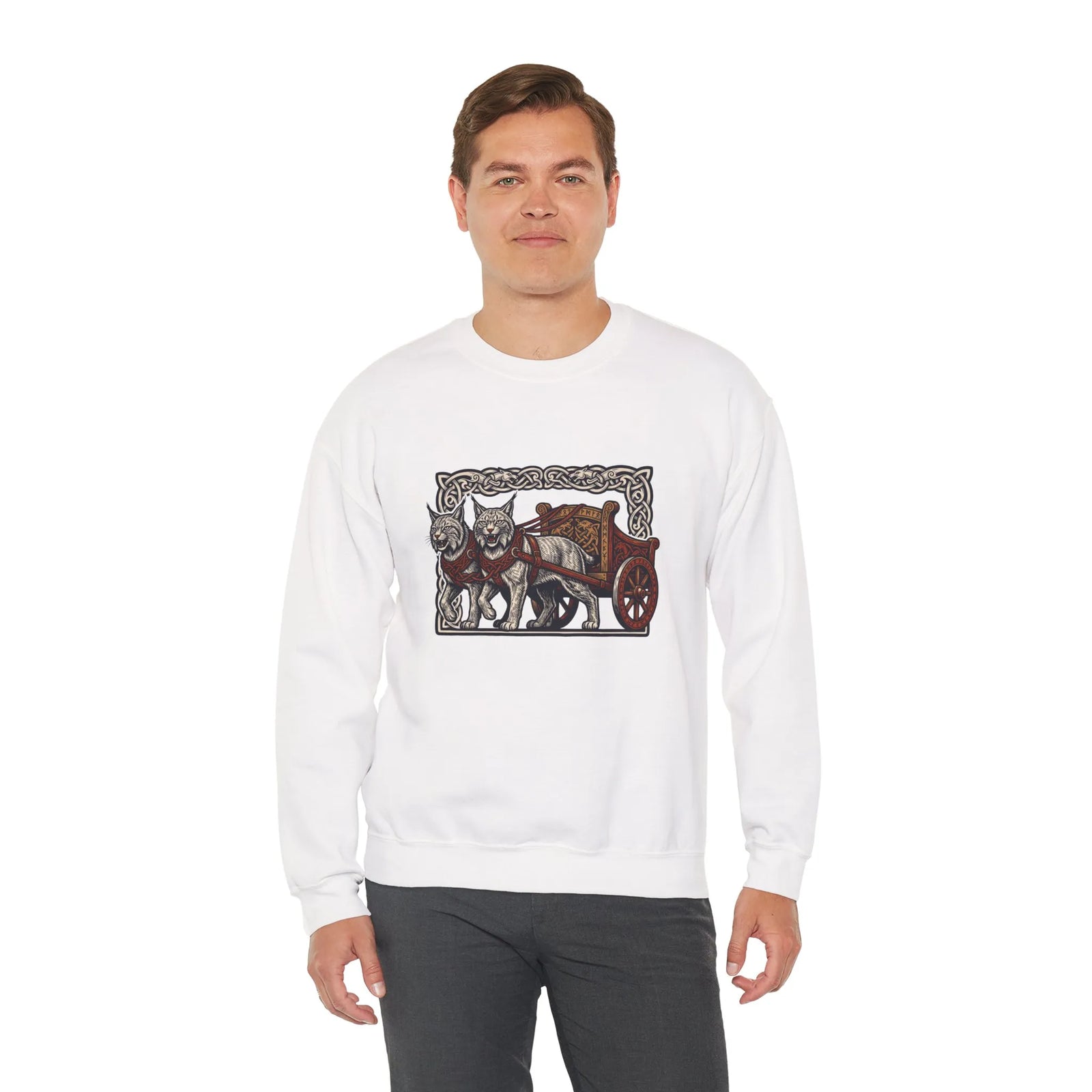 Freyja's Sacred Cats Norse Woodcut Sweatshirt - Heavy Blend Crewneck Fleece - Unisex White