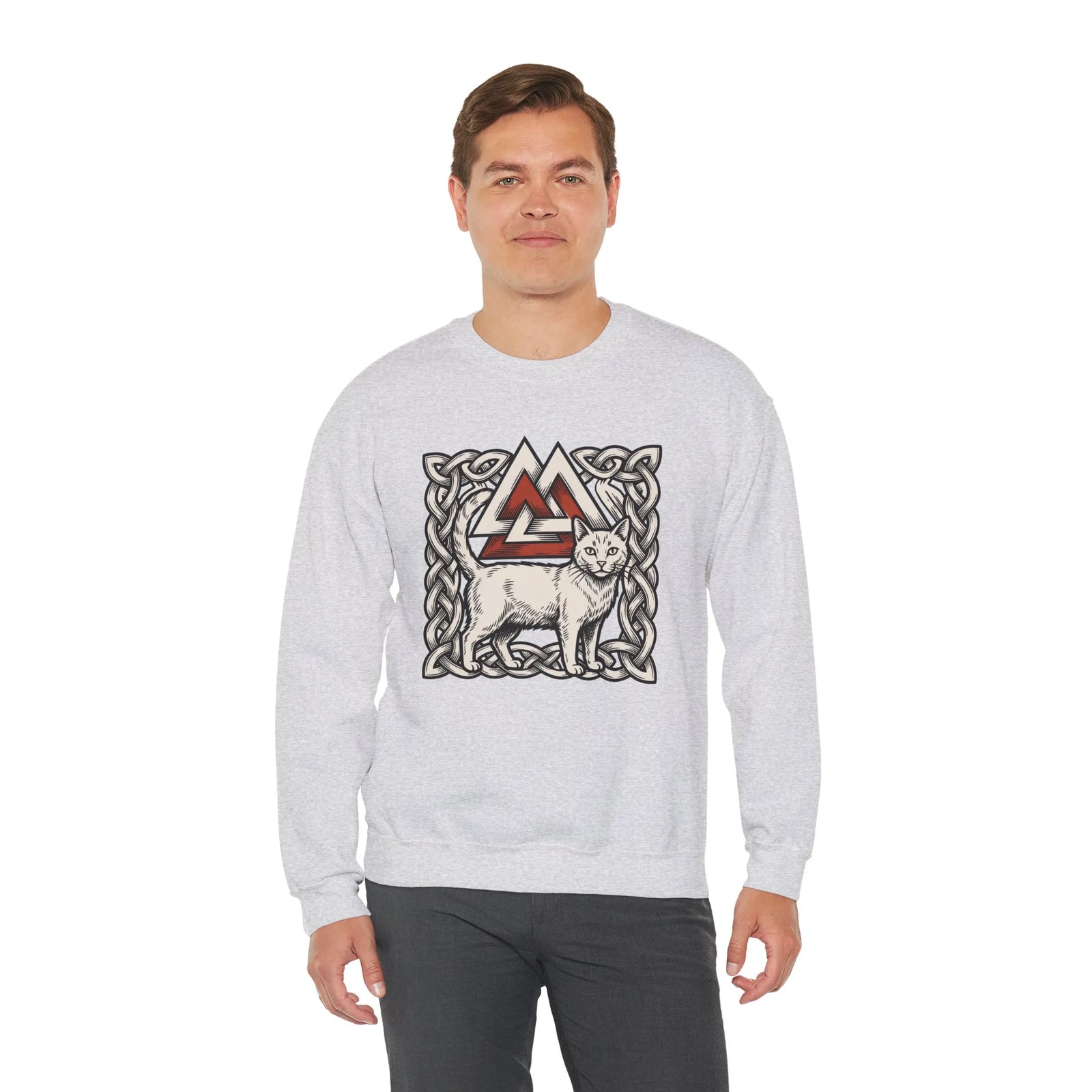 Valknut Cat Norse Mythology Sweatshirt - Heavy Blend Durable Fleece Crewneck - Unisex Off-White