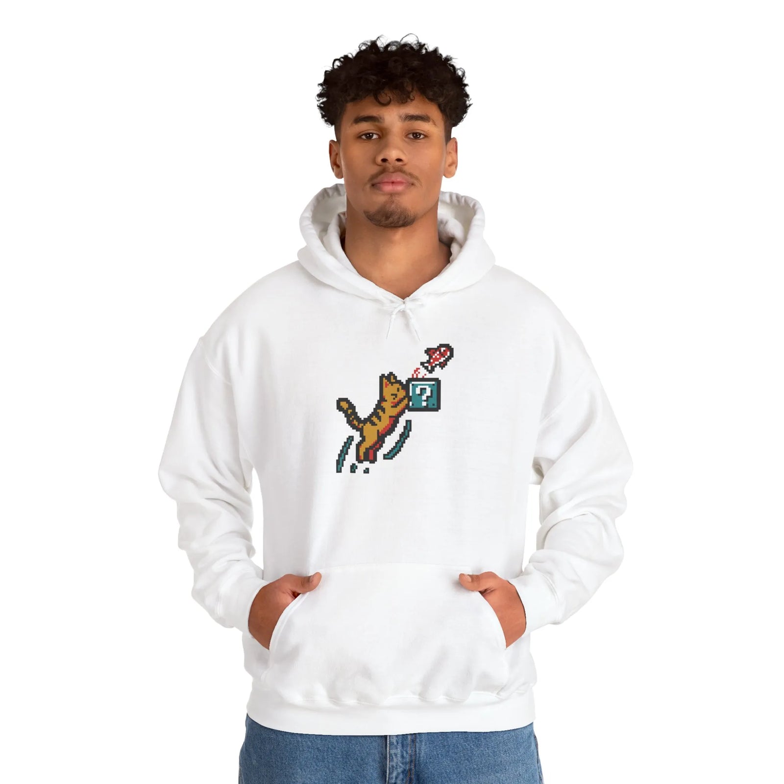 Power Up 8-Bit Pixel Gaming Cats Hoodie - Heavy Blend Fleece Pullover - Unisex White
