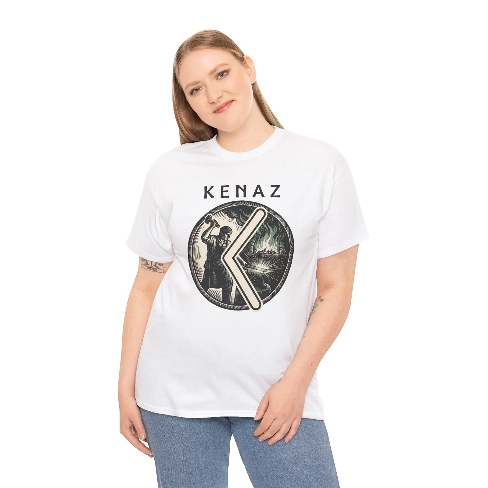 Kenaz Rune Forge Blacksmith T-Shirt - Heavyweight 100% Cotton Classic Fit Tee - Unisex White