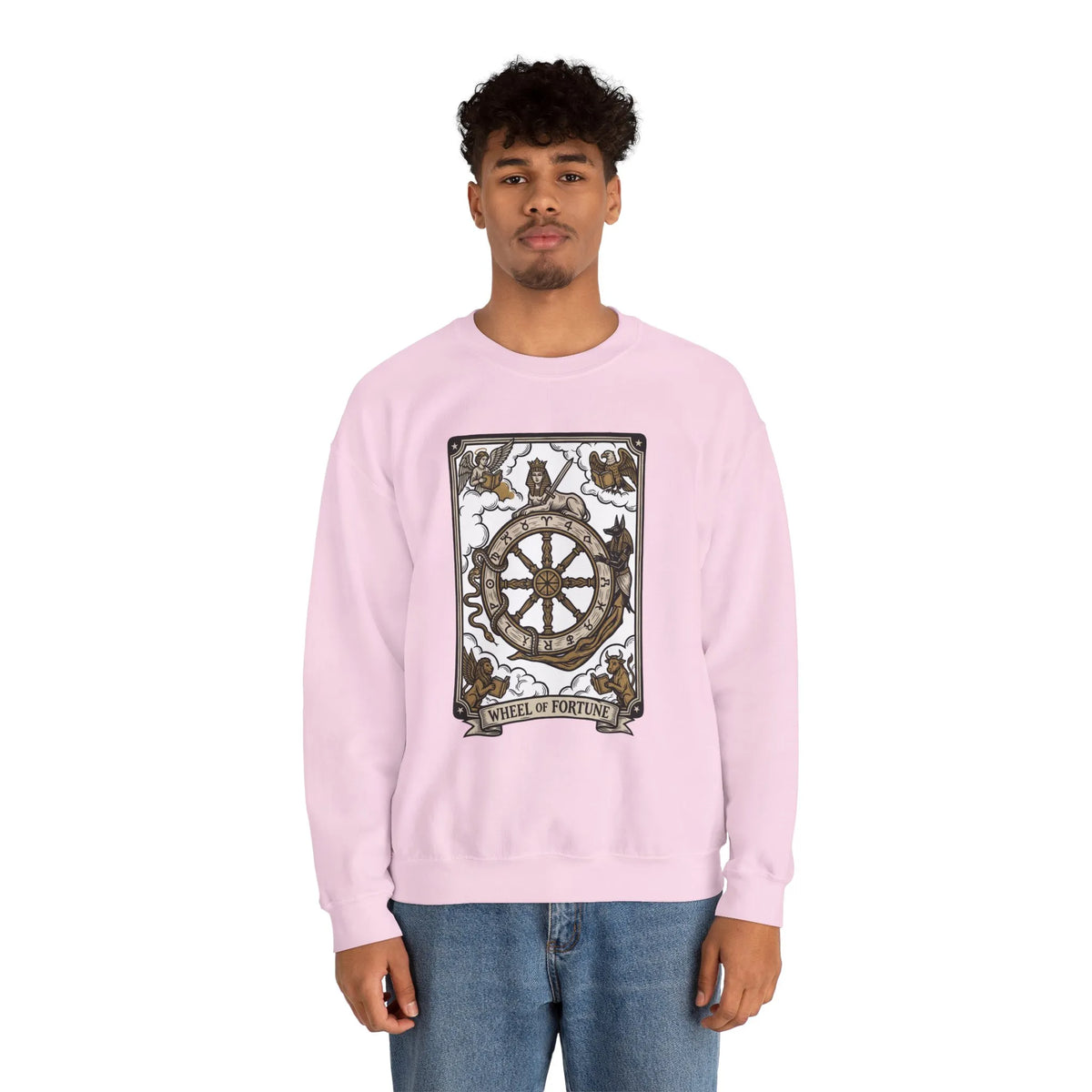 Wheel of Fortune Tarot Card Sweatshirt - Heavy Blend Crewneck Fleece - Unisex White