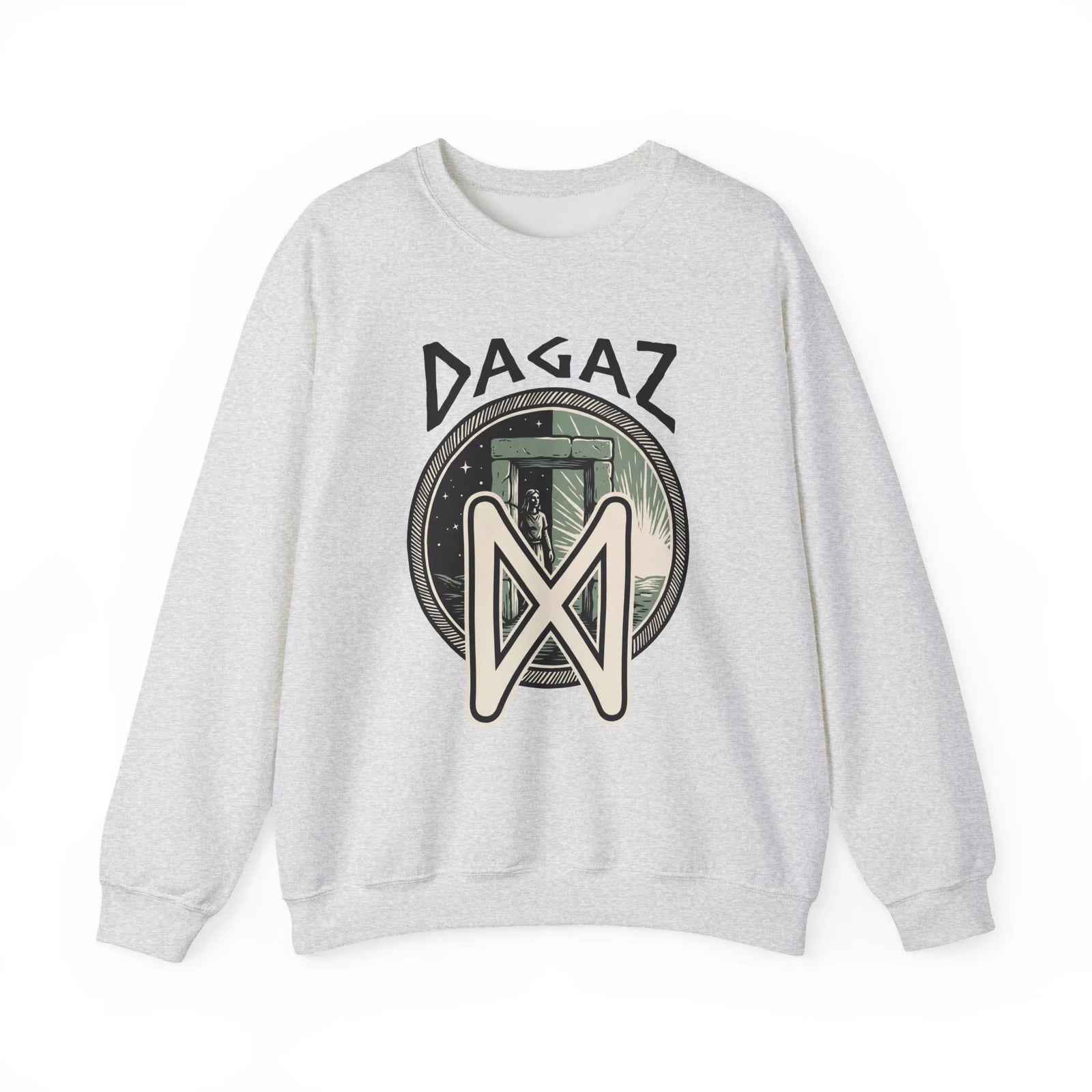 Dagaz Rune Dawn Dusk Graphic Sweatshirt - Heavyweight Cotton Poly Blend Crewneck - Unisex White