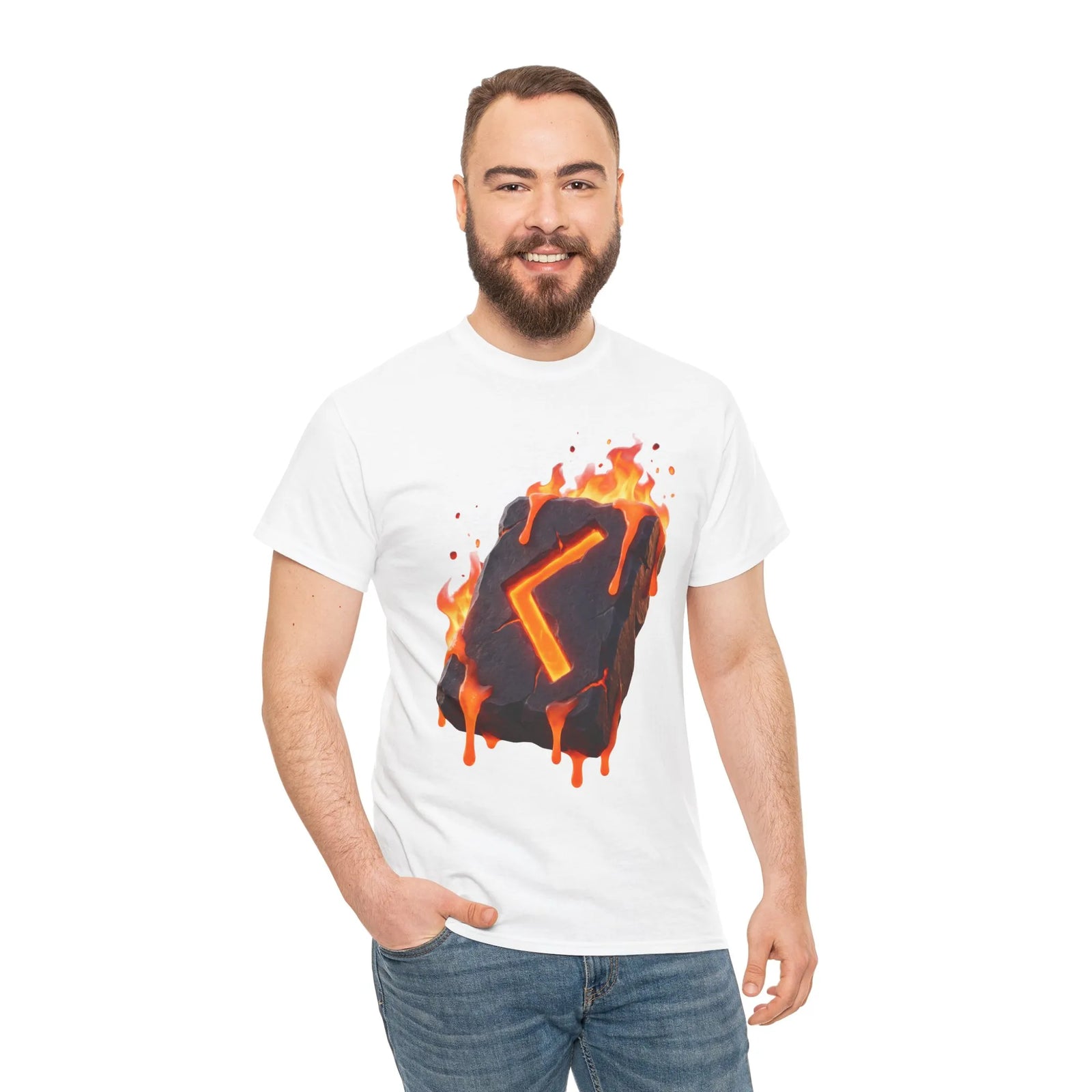 Kenaz Rune Torch Flame T-Shirt - Heavy Cotton Classic Fit Tee - Unisex White
