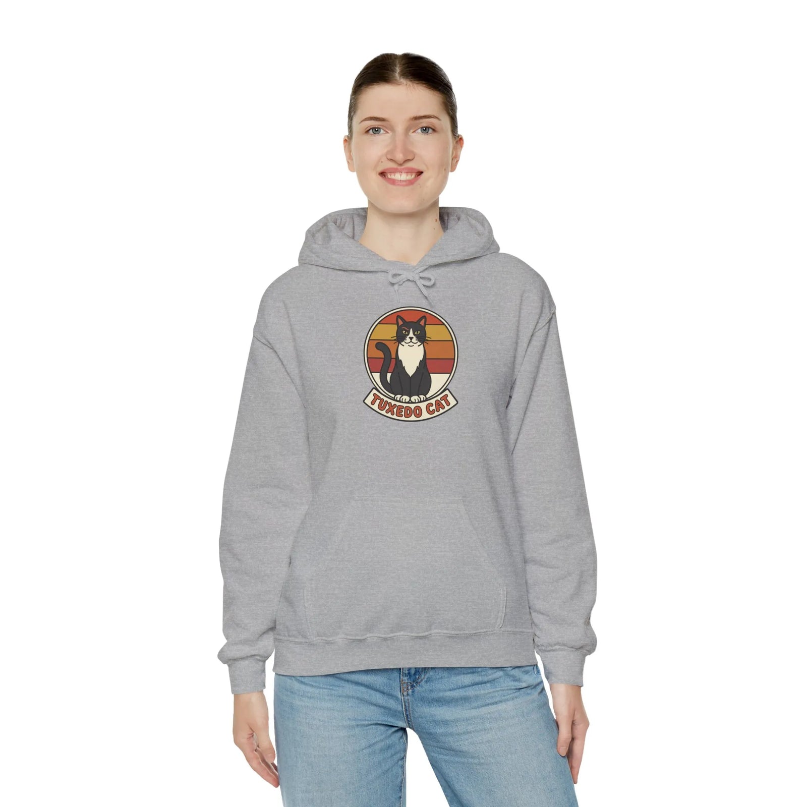 Tuxedo Cat Retro Sunset Hoodie - Soft Cotton Blend Pullover - Unisex White