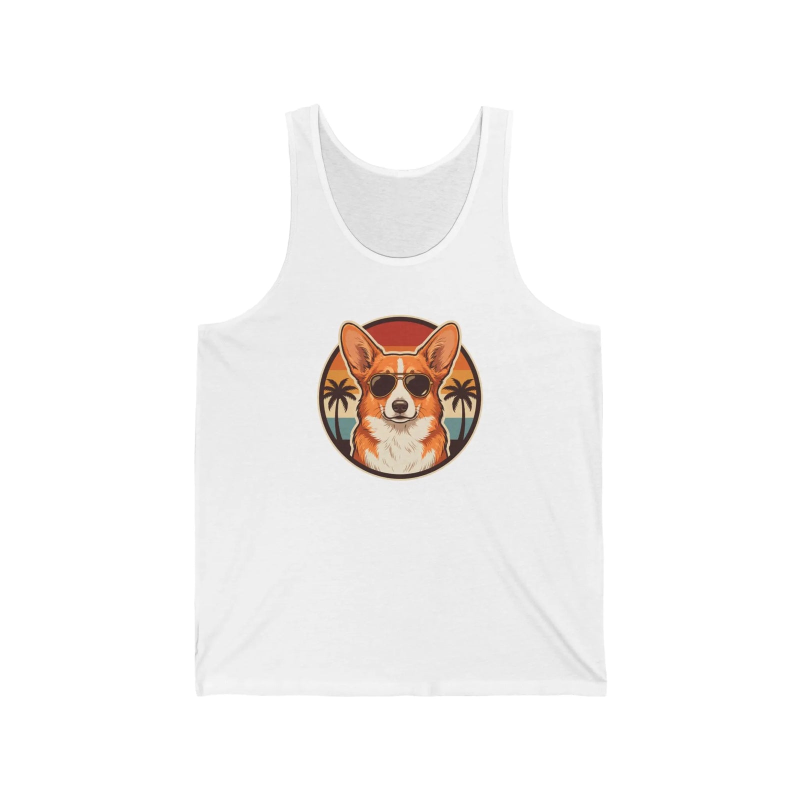 Corgi Cool Dogs 70s Sunset Tank Top - Soft Airlume Combed Cotton Jersey - Unisex White