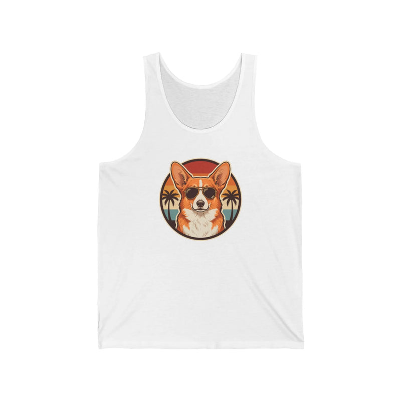 Corgi Cool Dogs 70s Sunset Tank Top - Soft Airlume Combed Cotton Jersey - Unisex White