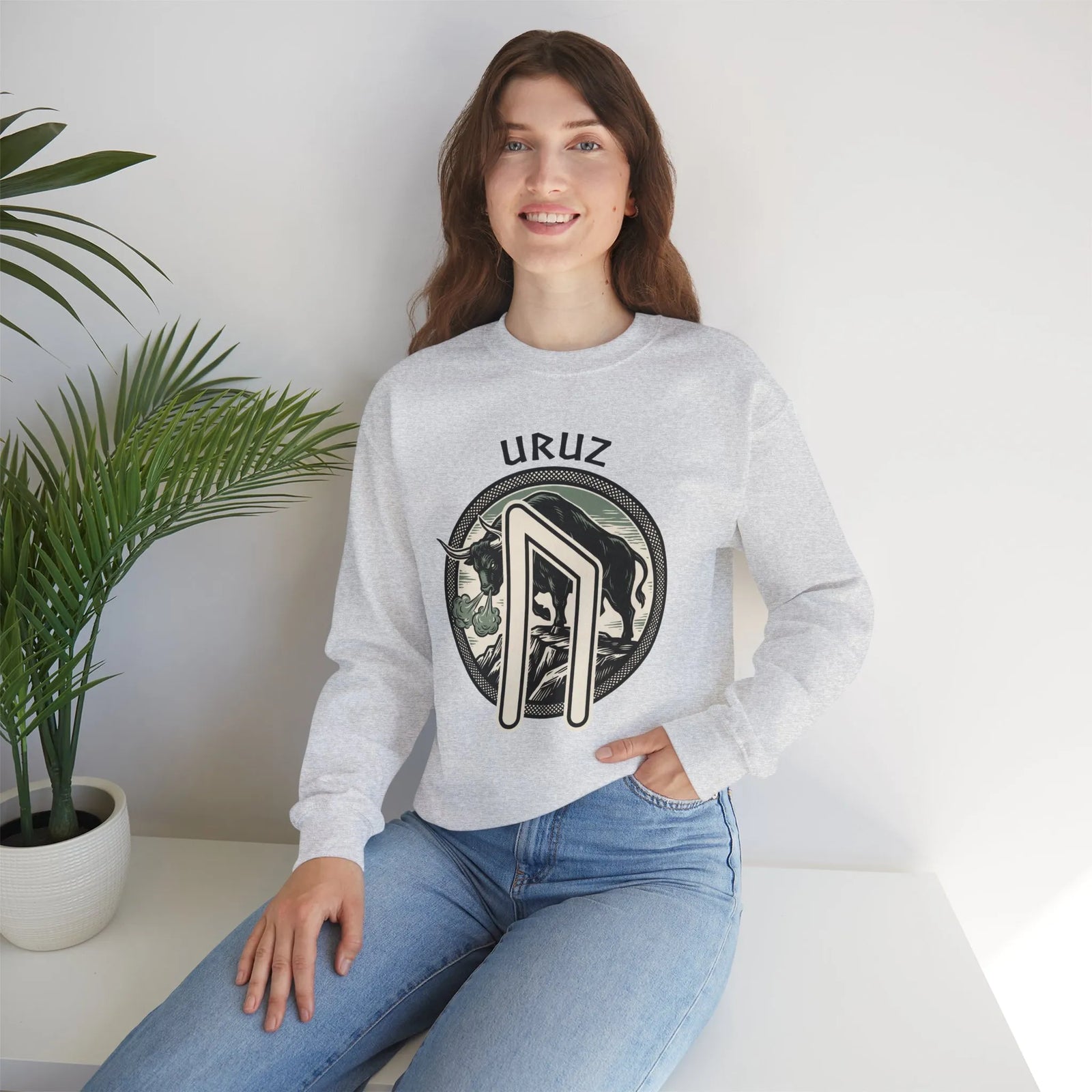 Uruz Rune Bull Norse Mythology Sweatshirt - Heavy Blend Cotton Poly Crewneck - Unisex White
