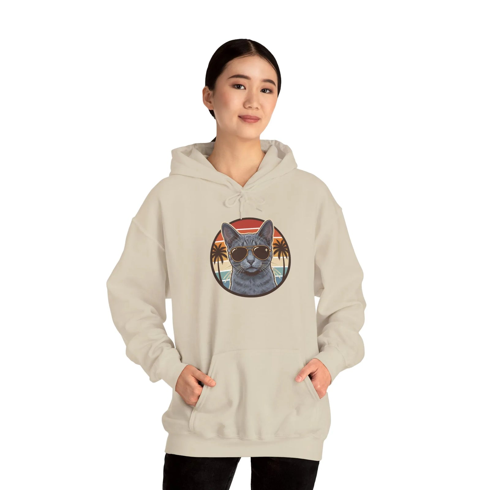 Russian Blue Aviator Cat 70s Sunset Hoodie - Soft Blend Fleece Pullover - Unisex White