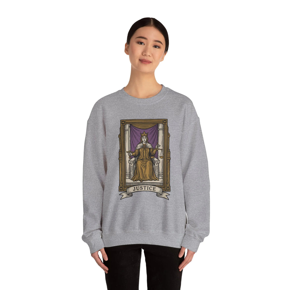 Justice Tarot Card Sweatshirt - Heavy Blend Cotton Poly Crewneck - Unisex White