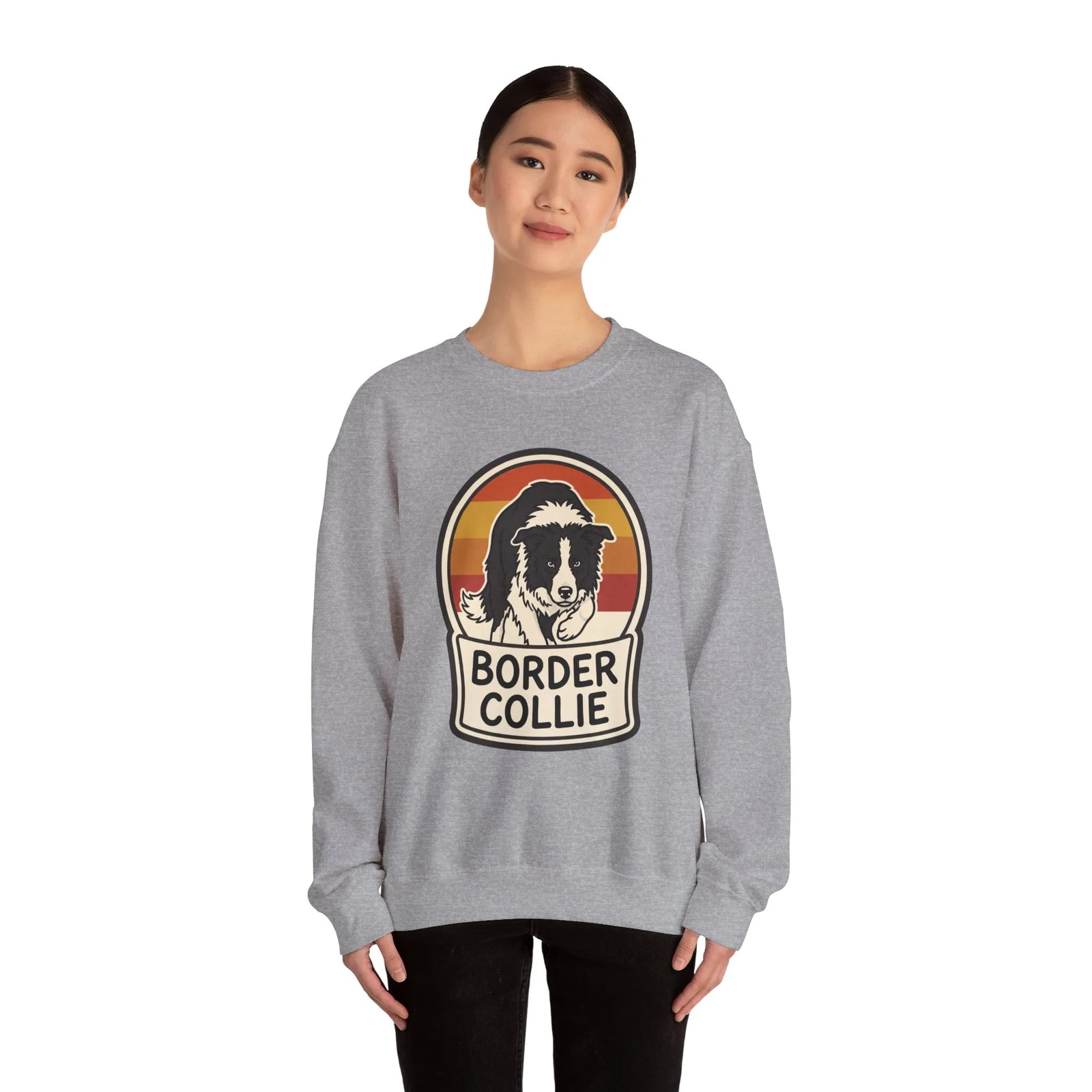 Border Collie Retro Sunset Sweatshirt - Heavy Blend Cotton Blend Crewneck - Unisex White