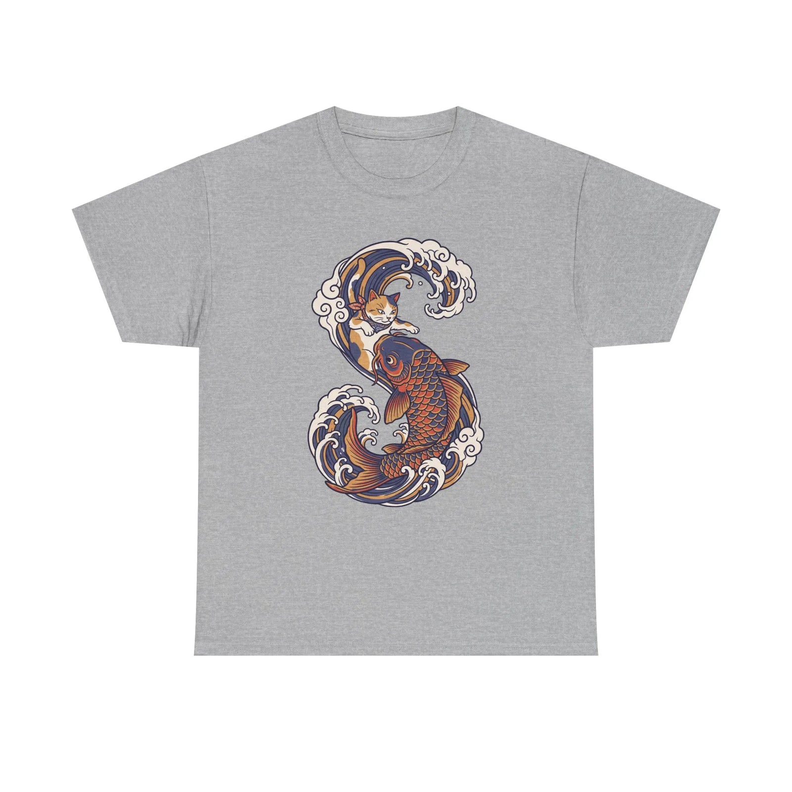 Koi Rider Ukiyo-e Samurai Cat T-Shirt - Heavy Cotton Classic Fit Tee - Unisex White