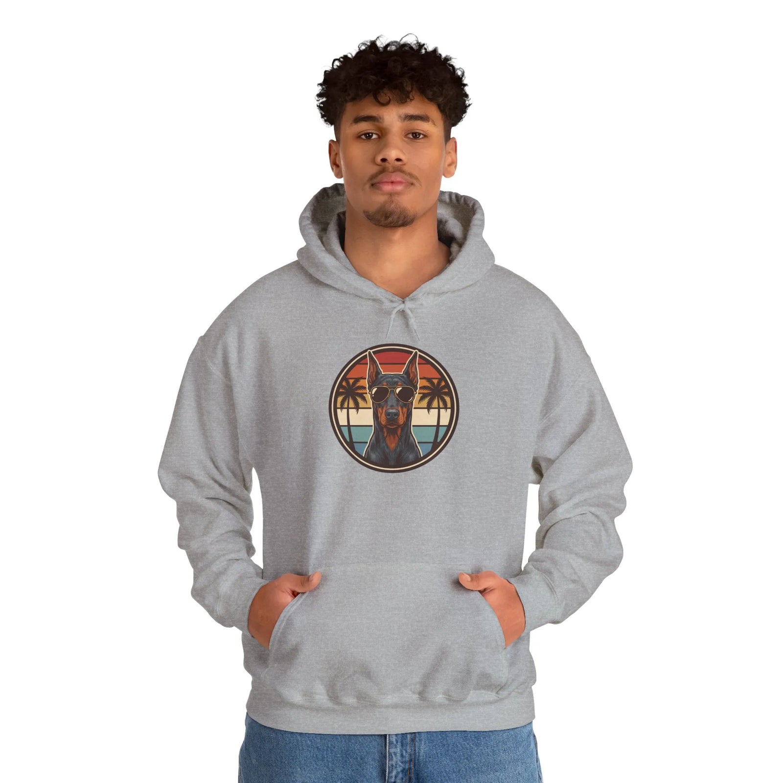 Doberman 70s Sunset Aviators Hoodie - Heavy Blend Fleece Pullover - Unisex White