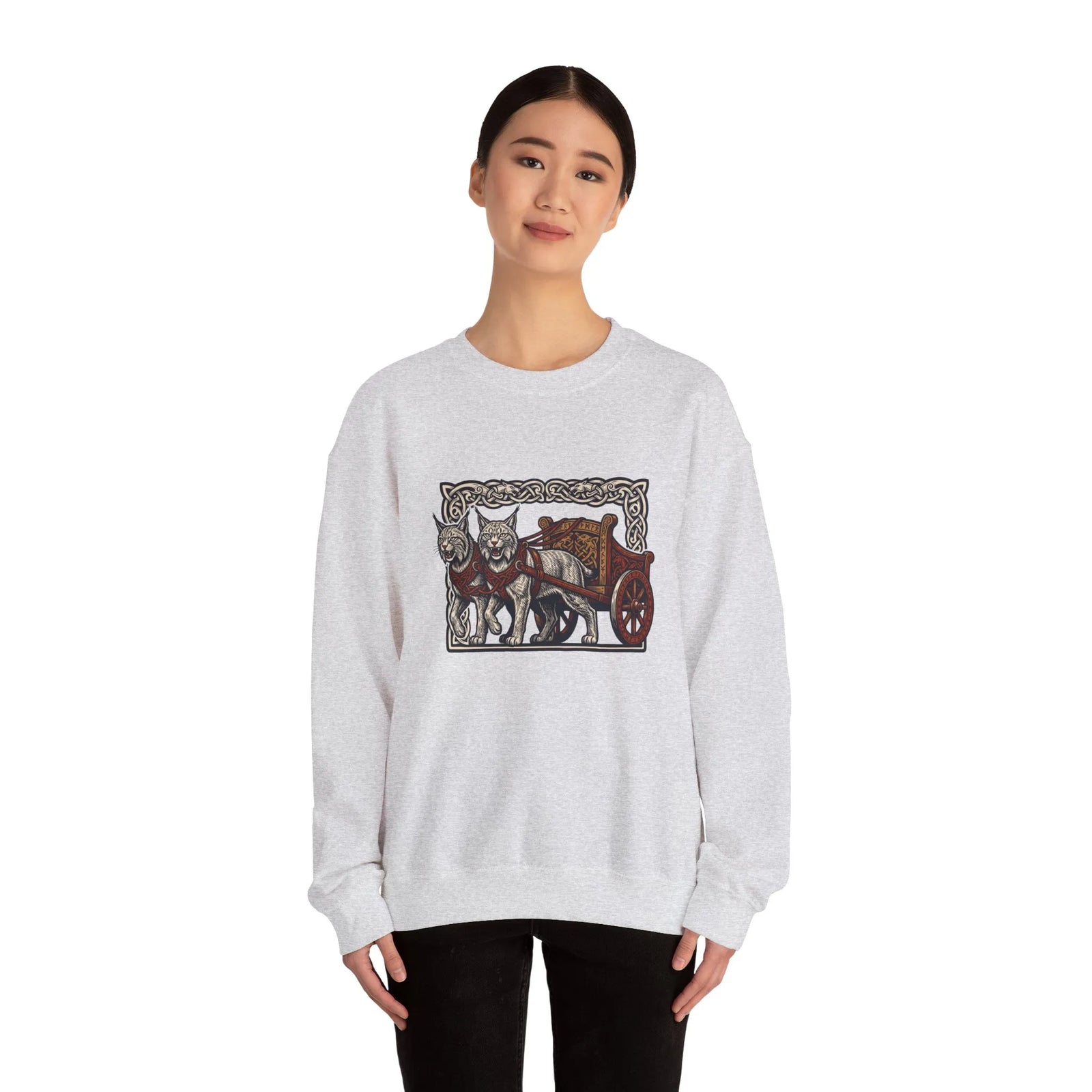 Freyja's Sacred Cats Norse Woodcut Sweatshirt - Heavy Blend Crewneck Fleece - Unisex White