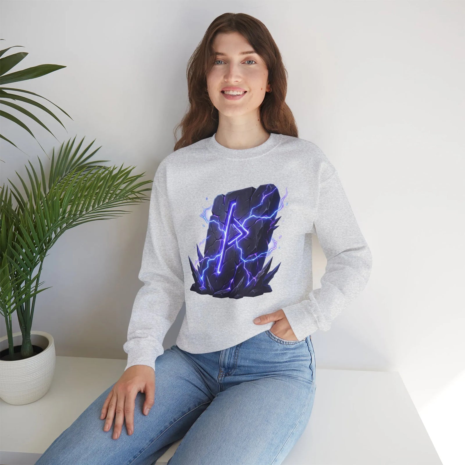 Thurisaz Thorn Rune Graphic Sweatshirt - Heavy Blend Crewneck Fleece - Unisex White