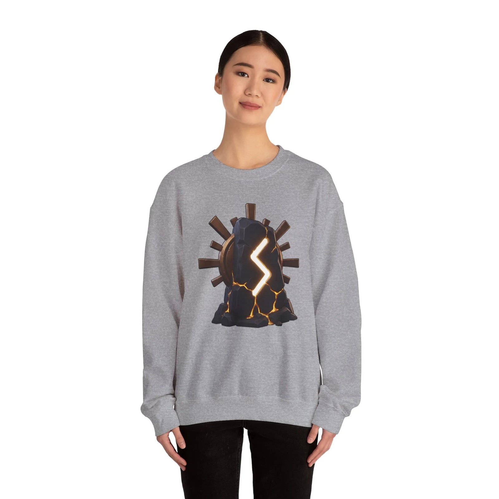 Sowulo Rune Sun Graphic Sweatshirt - Classic Fit Fleece Crewneck - Unisex White