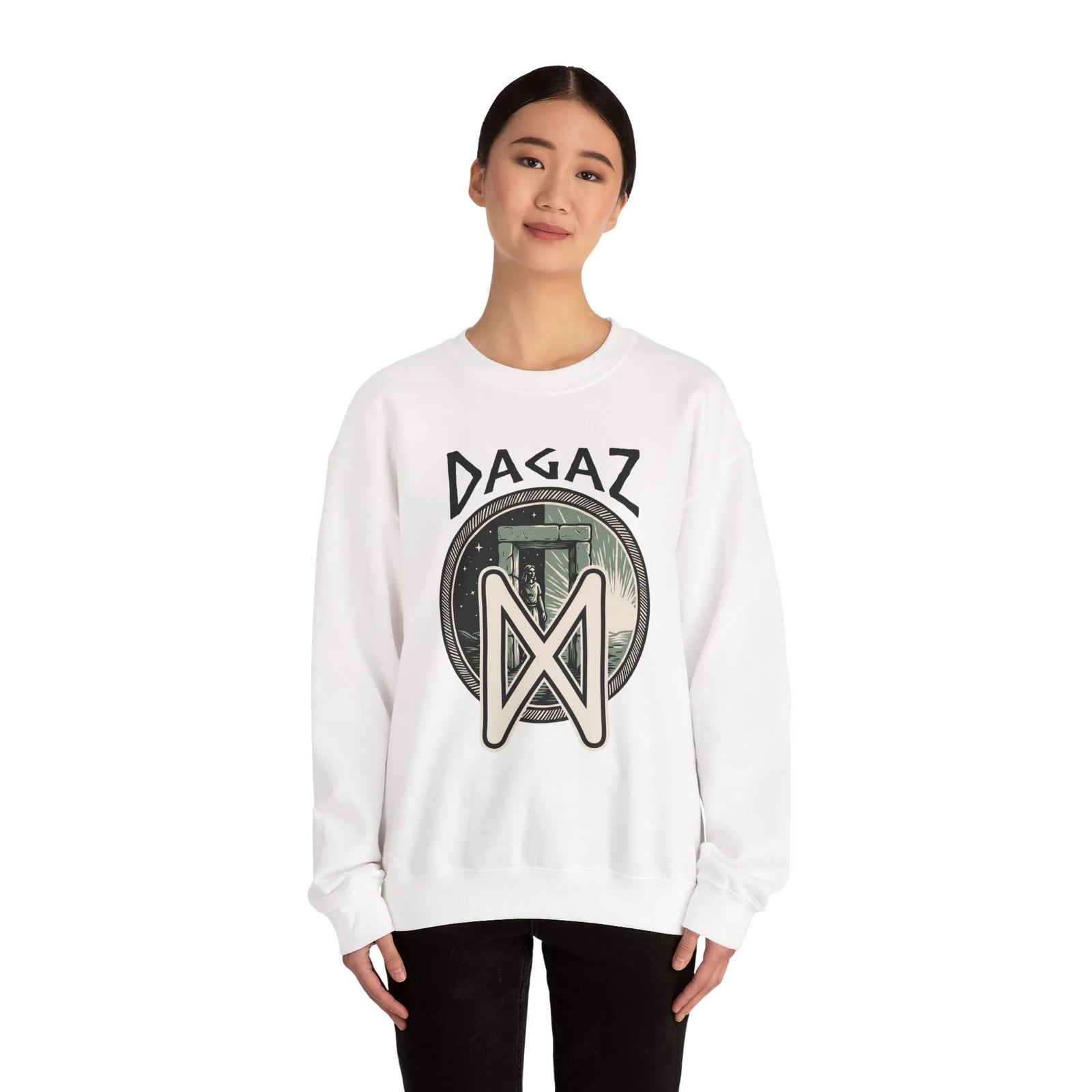 Dagaz Rune Dawn Dusk Graphic Sweatshirt - Heavyweight Cotton Poly Blend Crewneck - Unisex White