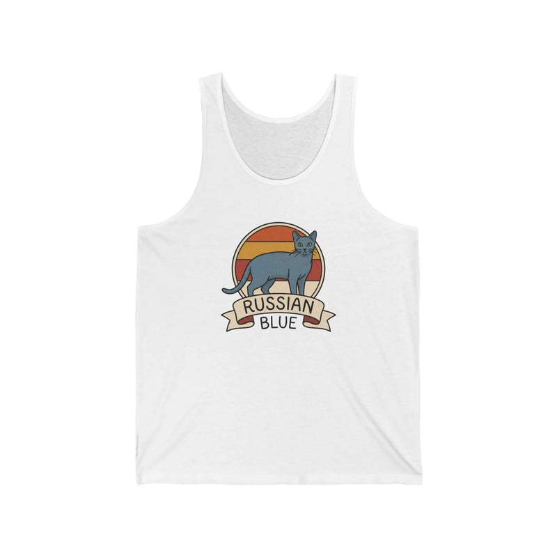 Russian Blue Retro 70s Sunset Tank Top - Soft Combed Cotton Retail Fit - Unisex White