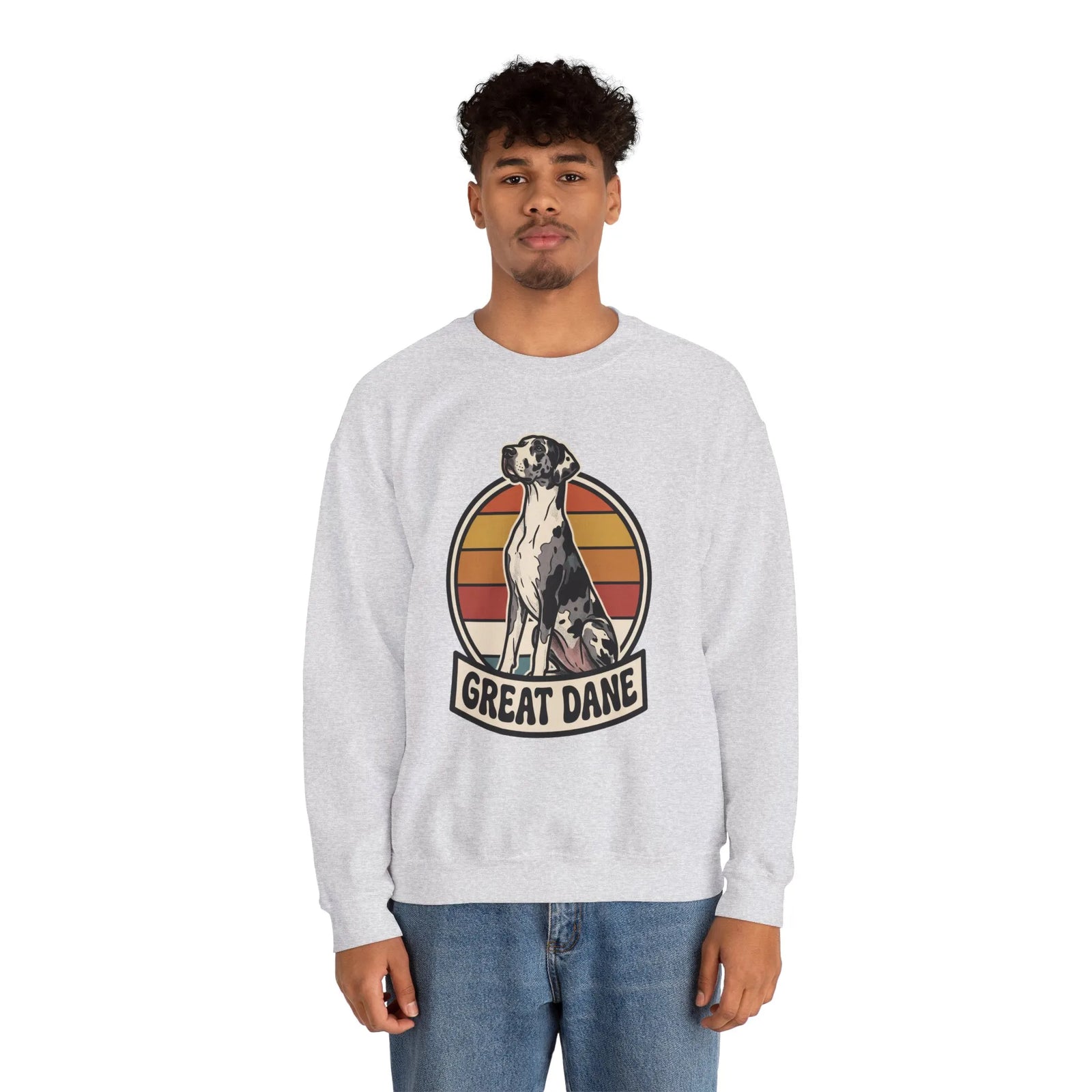Great Dane Retro Sunset Breeds Sweatshirt - Heavy Blend Crewneck 50/50 Cotton Poly - Unisex White