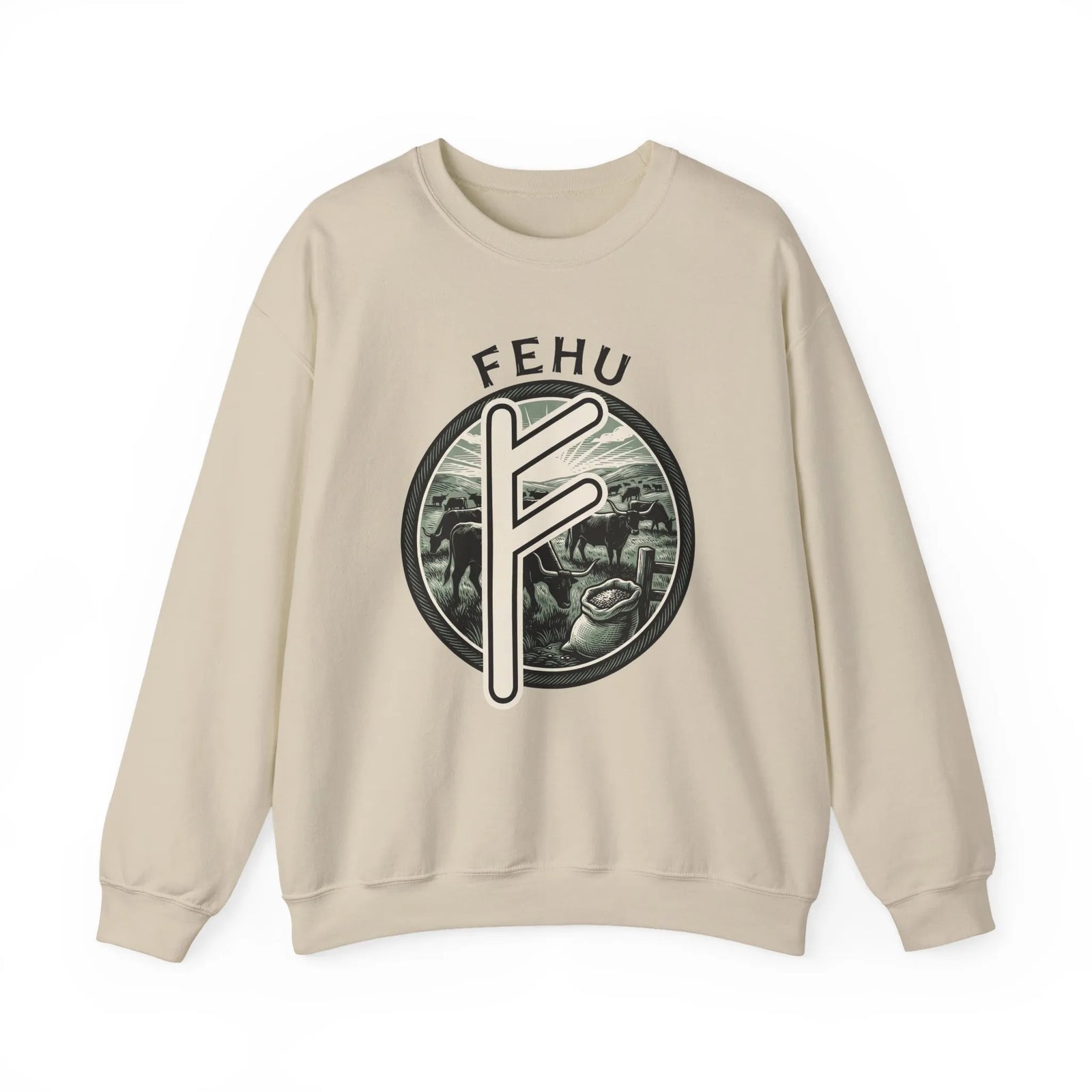 Fehu Rune Wealth Graphic Sweatshirt - Heavyweight 50/50 Fleece Crewneck - Unisex White