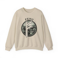 Fehu Rune Wealth Graphic Sweatshirt - Heavyweight 50/50 Fleece Crewneck - Unisex White