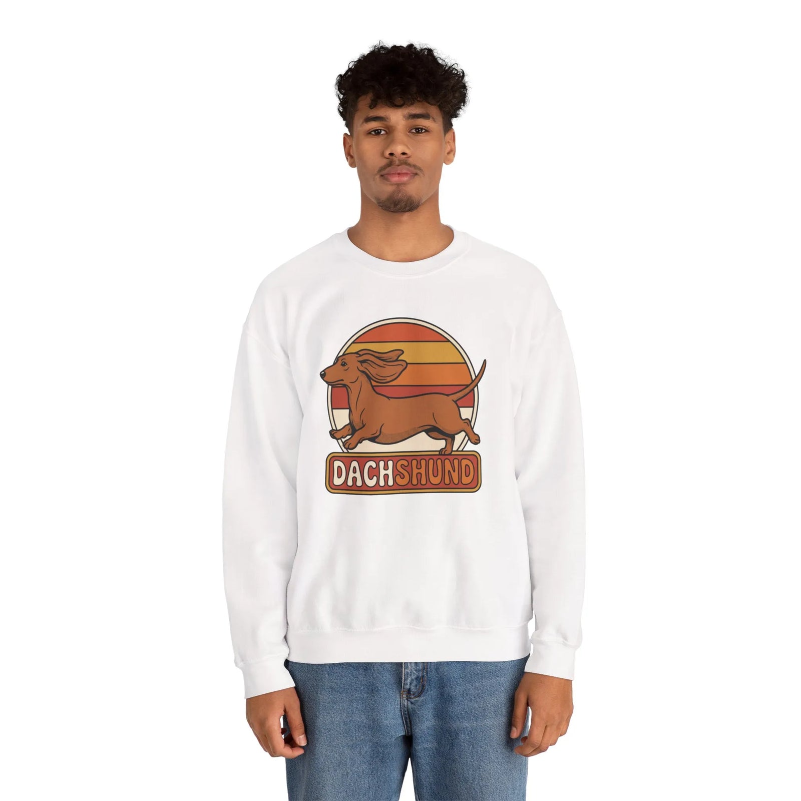 Retro 70s Sunset Dachshund Sweatshirt - Heavy Blend Cotton Blend Crewneck - Unisex White