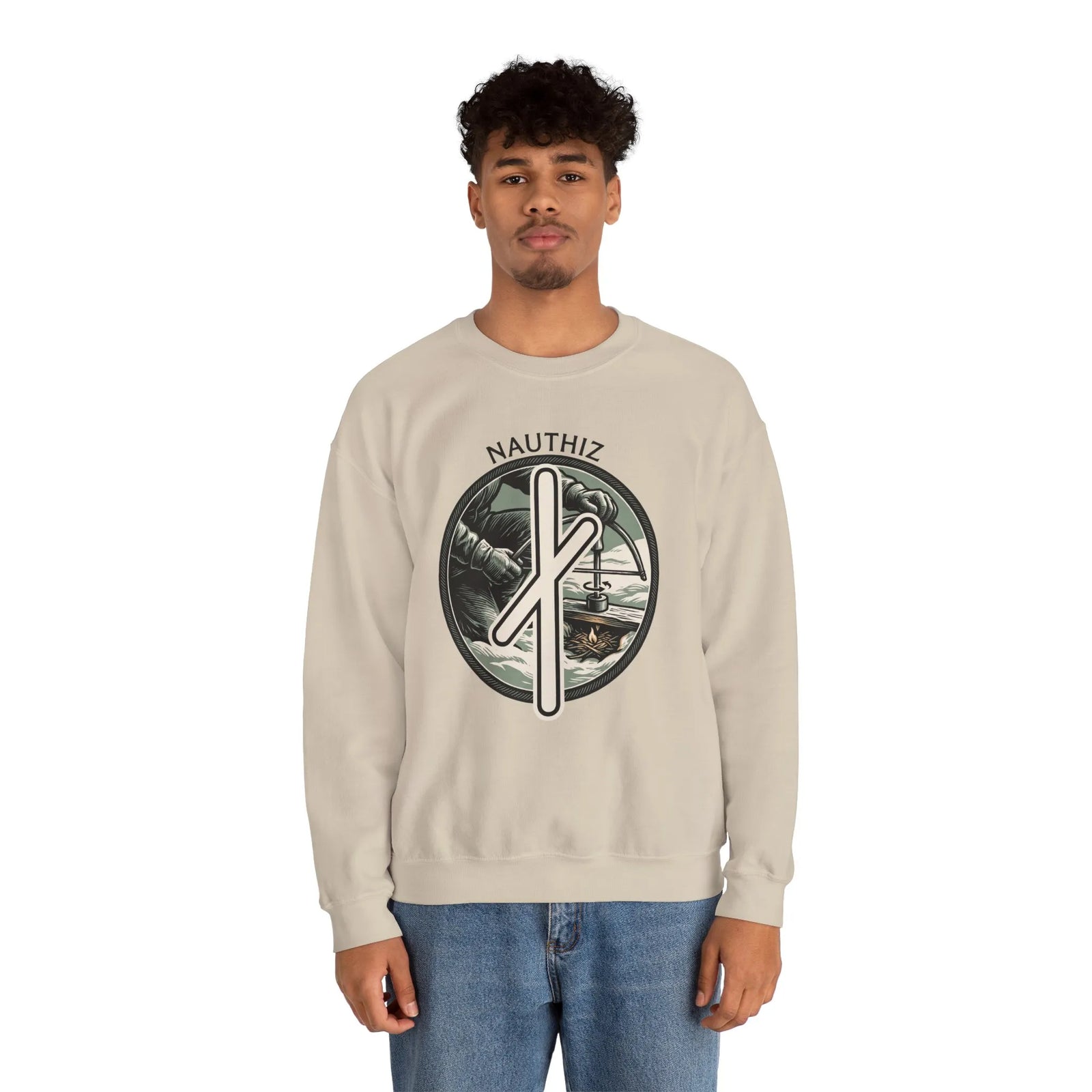 Nauthiz Rune Need-Fire Sweatshirt - Heavy Blend Fleece Crewneck - Unisex White