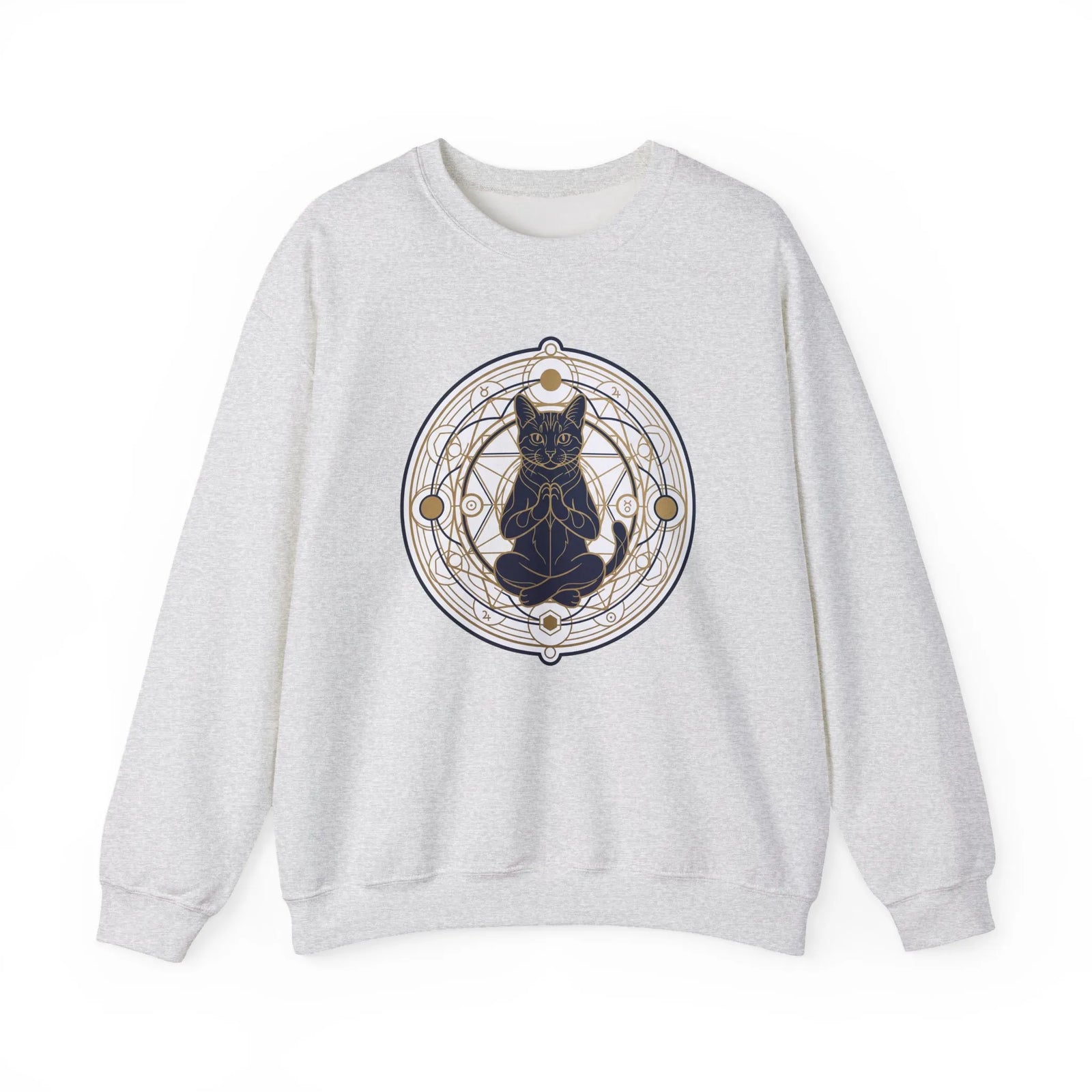 Sacred Geometry Meditating Cat Sweatshirt - Classic Fit Fleece Crewneck - Unisex White