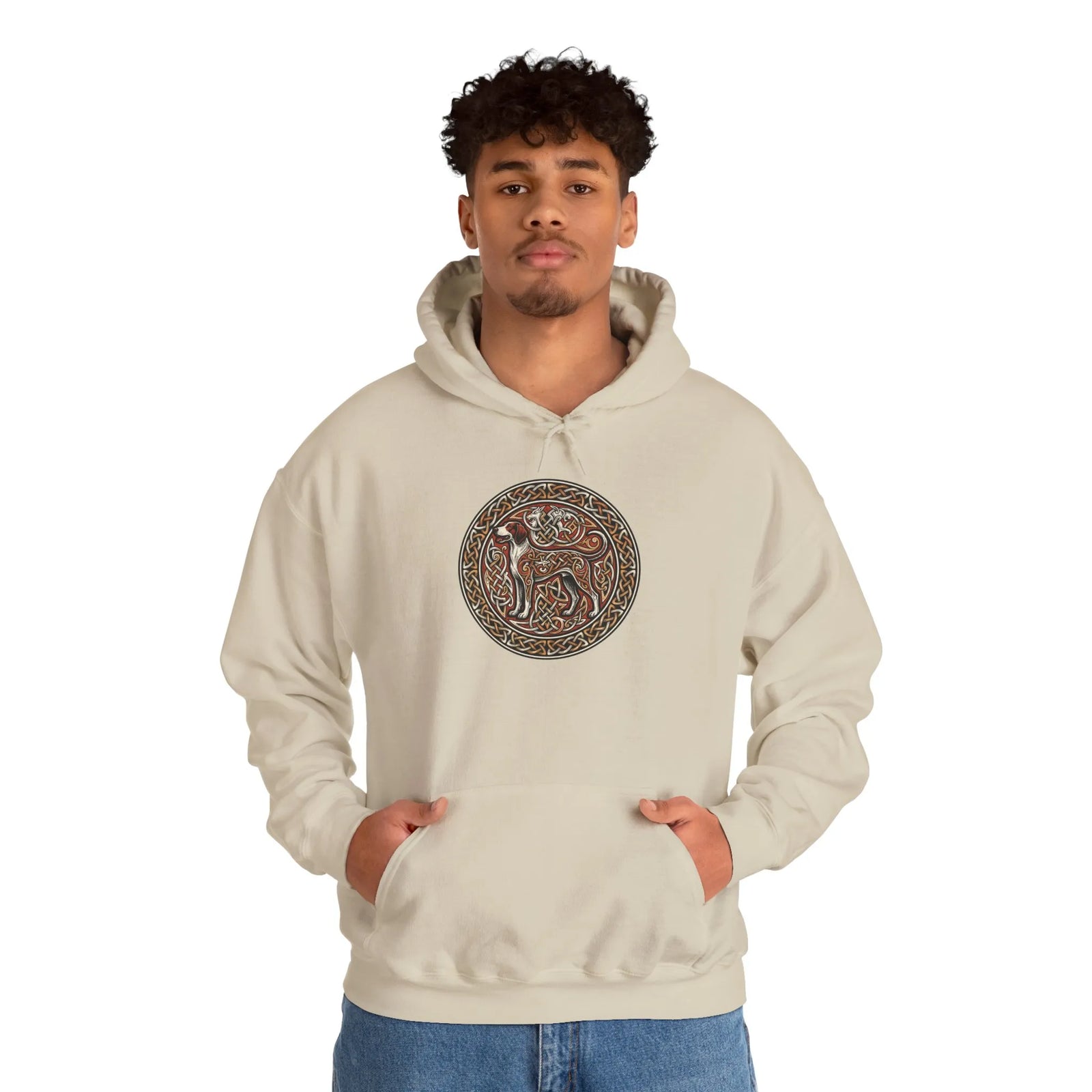 Norse Knotwork Hound Hoodie - Heavyweight Cotton Blend Pullover - Unisex White