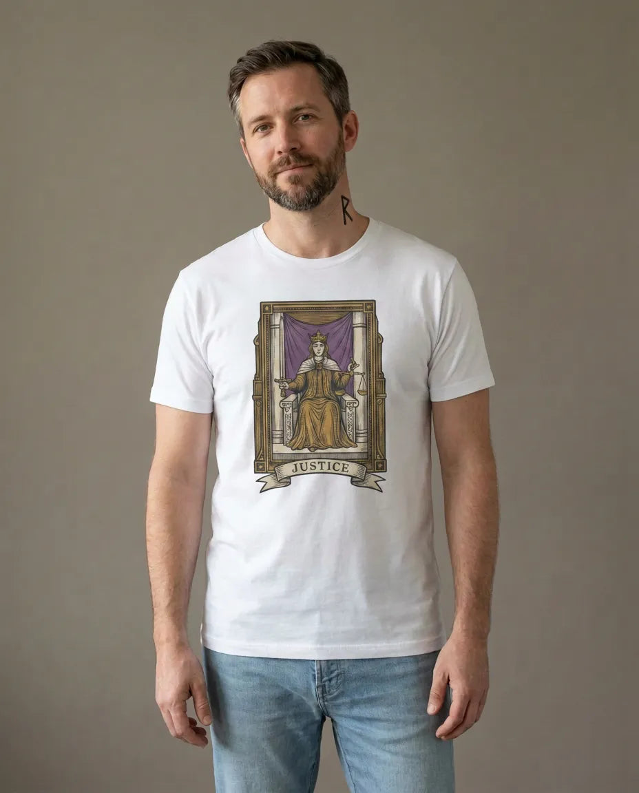 Justice Tarot Card Graphic T-Shirt - Heavy Cotton Classic Fit Tee - Unisex White