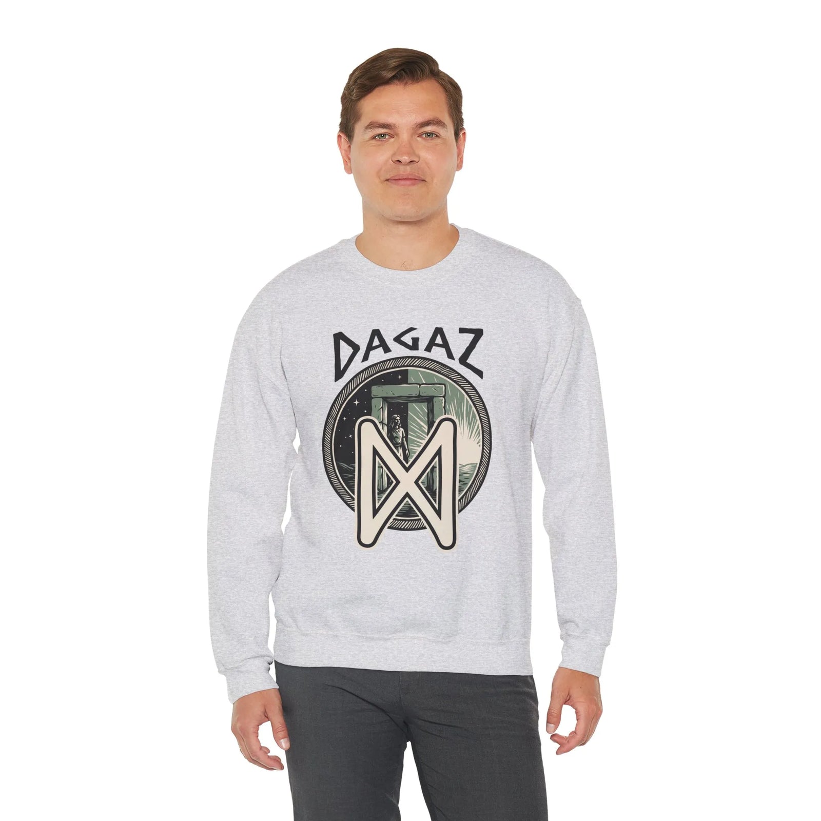 Dagaz Rune Dawn Dusk Graphic Sweatshirt - Heavyweight Cotton Poly Blend Crewneck - Unisex White