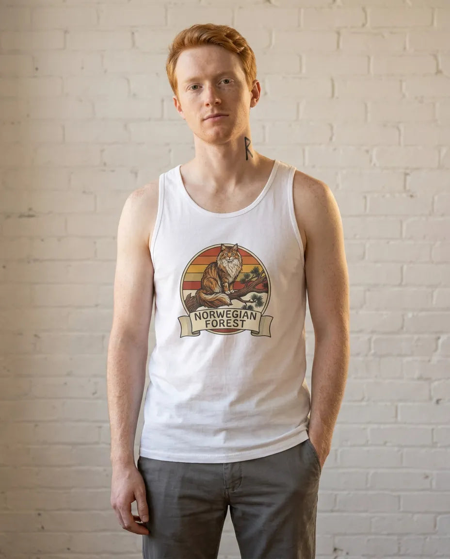Norwegian Forest Cat Retro Sunset Tank Top - Lightweight Combed Cotton Jersey - Unisex Athletic Heather