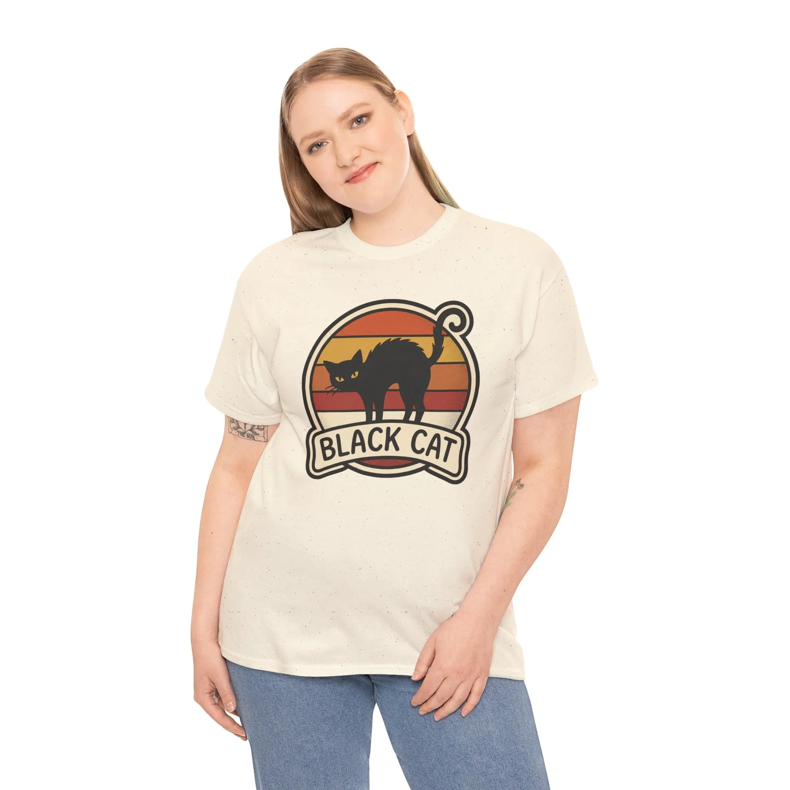 Black Cat Retro Sunset T-Shirt - Heavyweight 100% Cotton Classic Tee - Unisex White