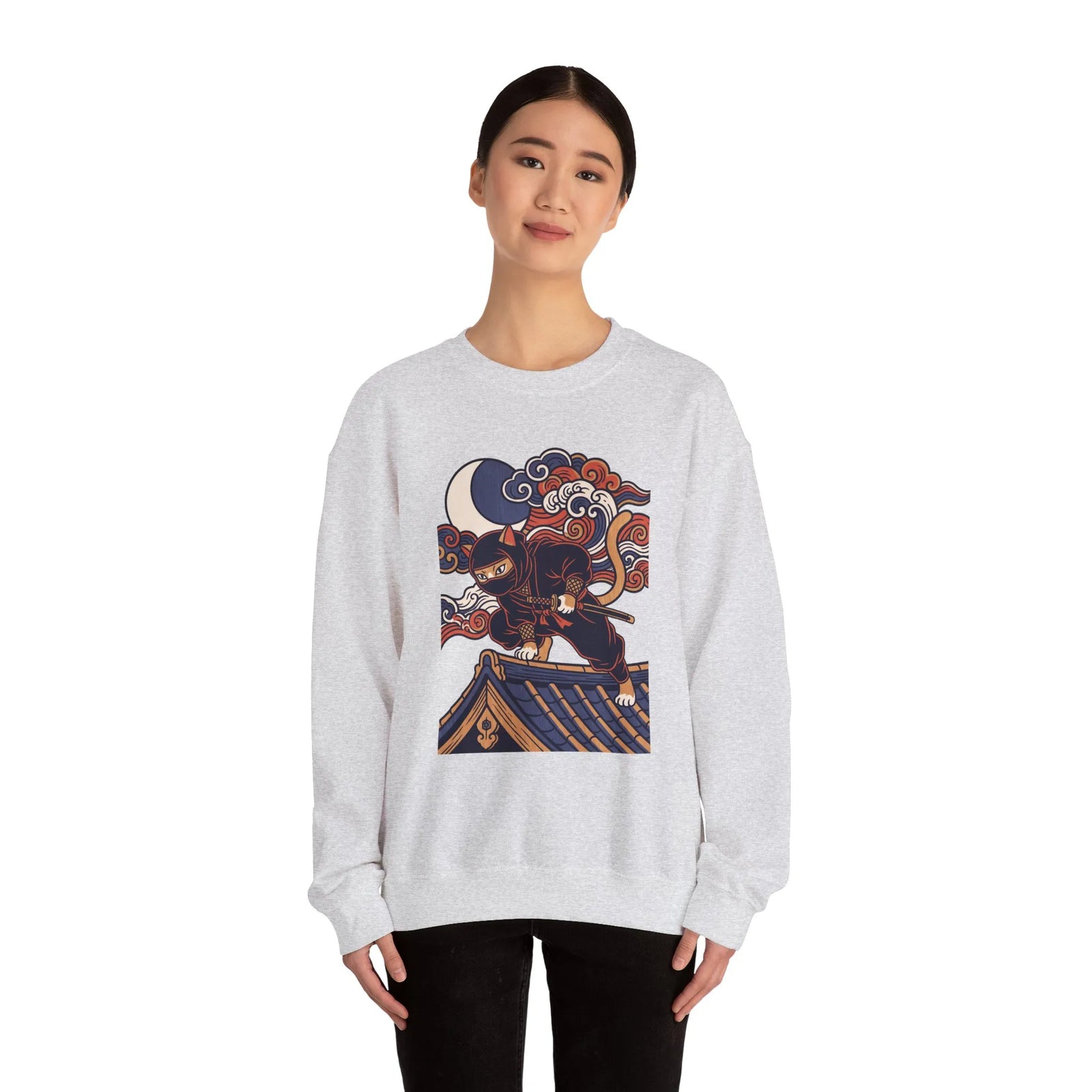 Ninja Cat Ukiyo-e Samurai Sweatshirt - Soft Heavyweight Fleece Crewneck - Unisex White