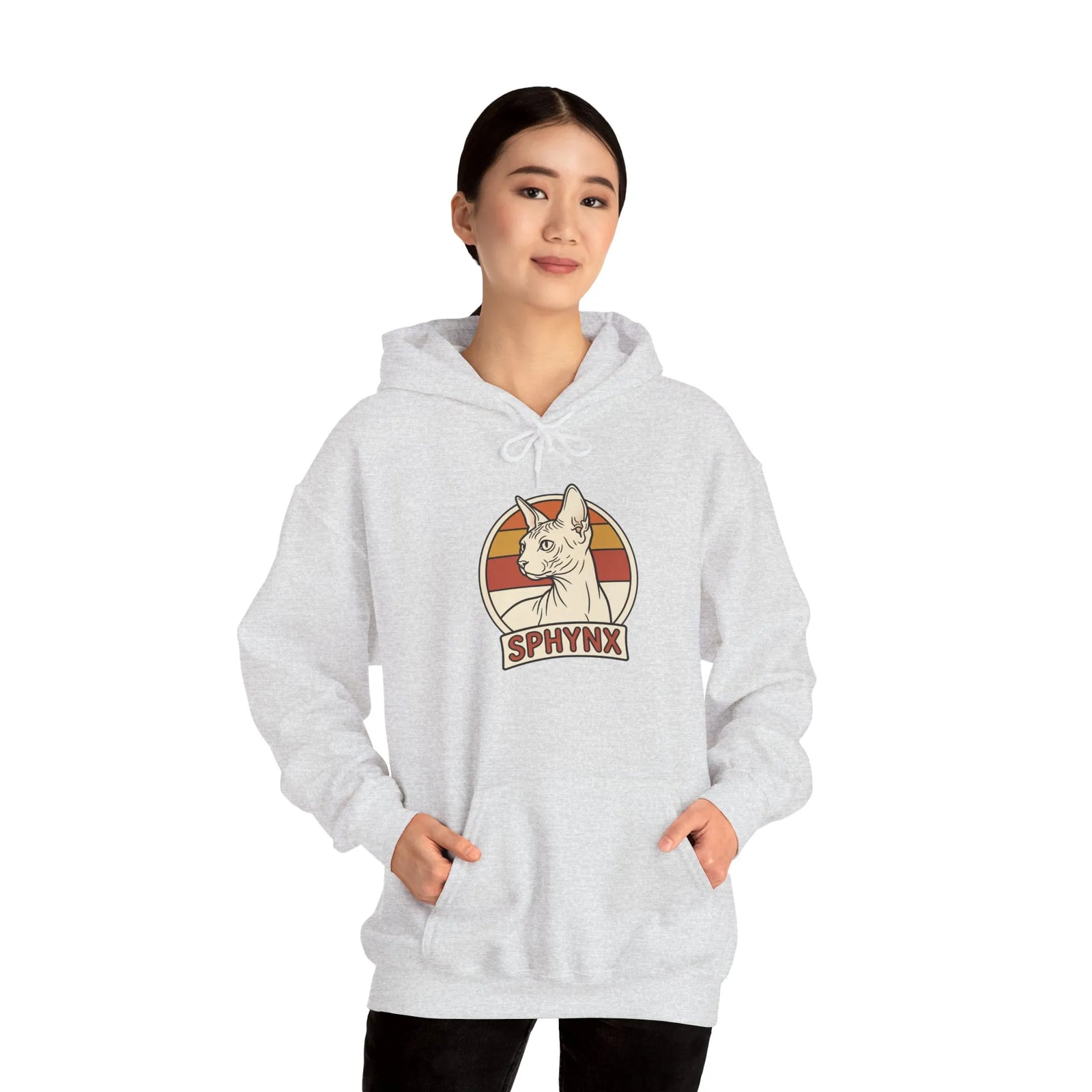Sphynx Cat Retro Sunset Hoodie - Soft Blend Fleece Pullover - Unisex Ash