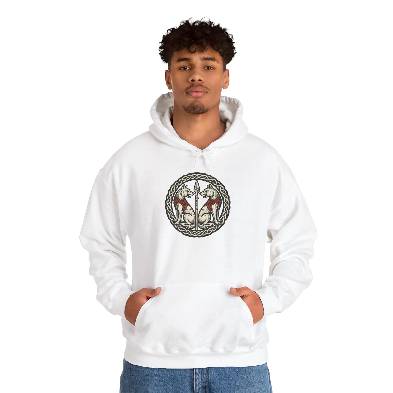 Geri and Freki Odin's Wolves Hoodie - Heavy Blend Cotton Blend Pullover - Unisex White