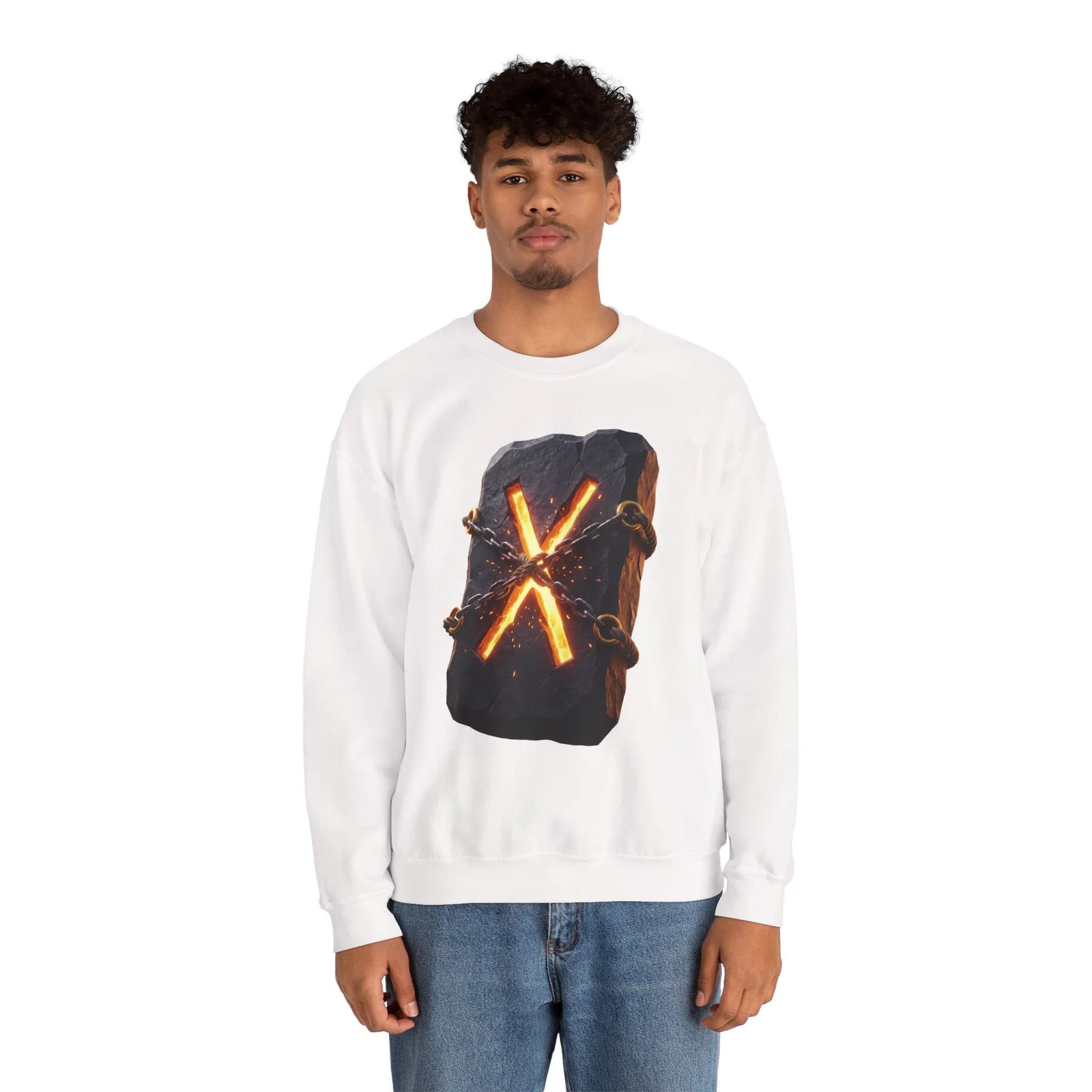 Gebo Rune Stone Graphic Sweatshirt - Medium Heavy Fleece Crewneck - Unisex White