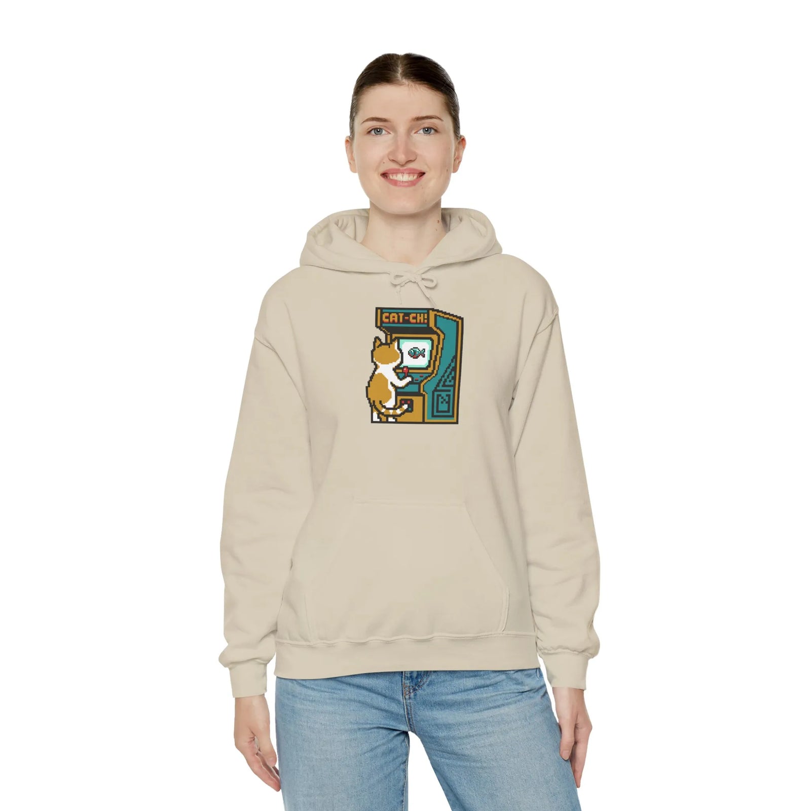 Arcade Gaming Pixel Cat Hoodie - Classic Fit Cotton Blend Pullover - Unisex White