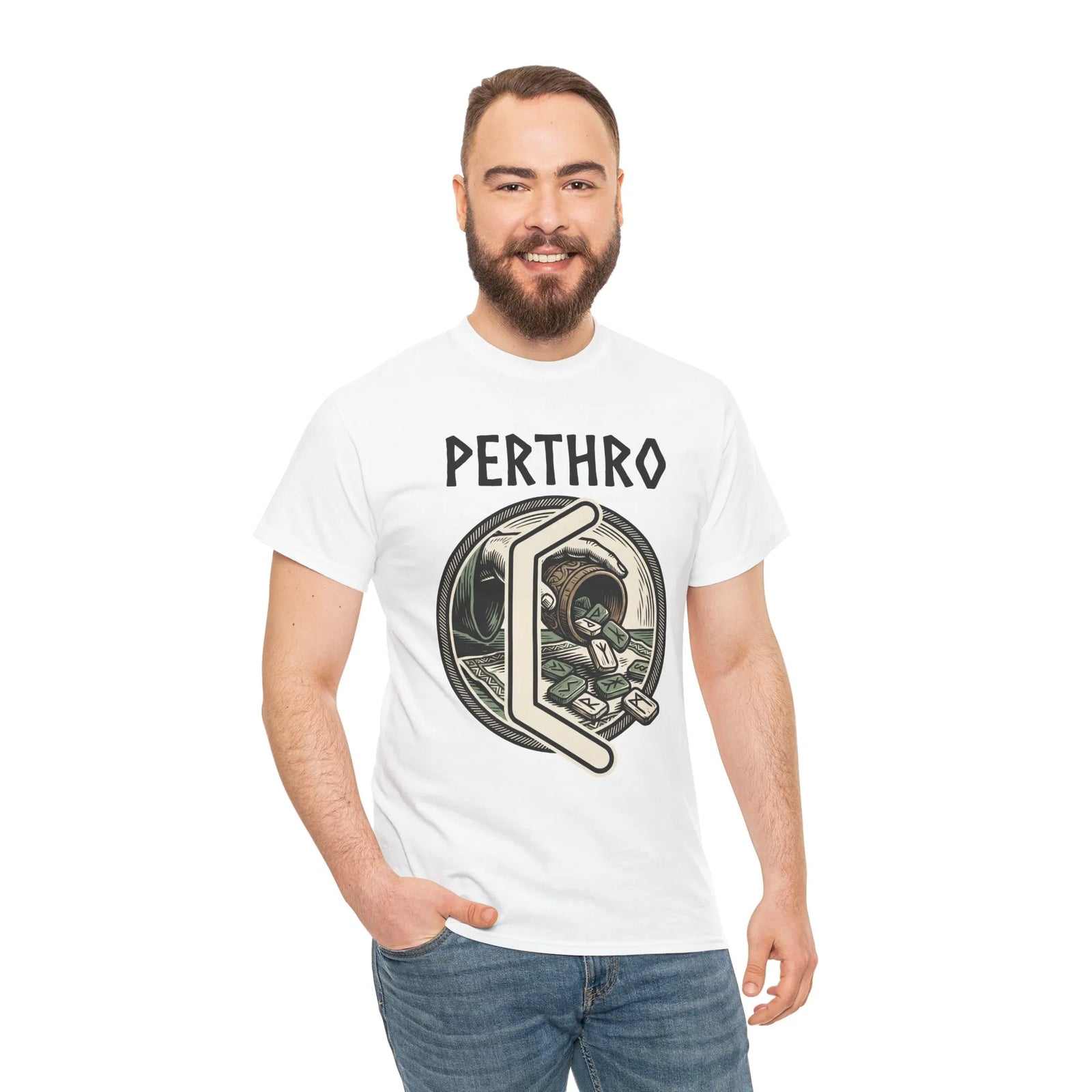 Perthro Norse Rune Graphic T-Shirt - Heavy Cotton Classic Fit Tee - Unisex White