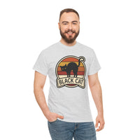 Black Cat Retro Sunset T-Shirt - Heavyweight 100% Cotton Classic Tee - Unisex White