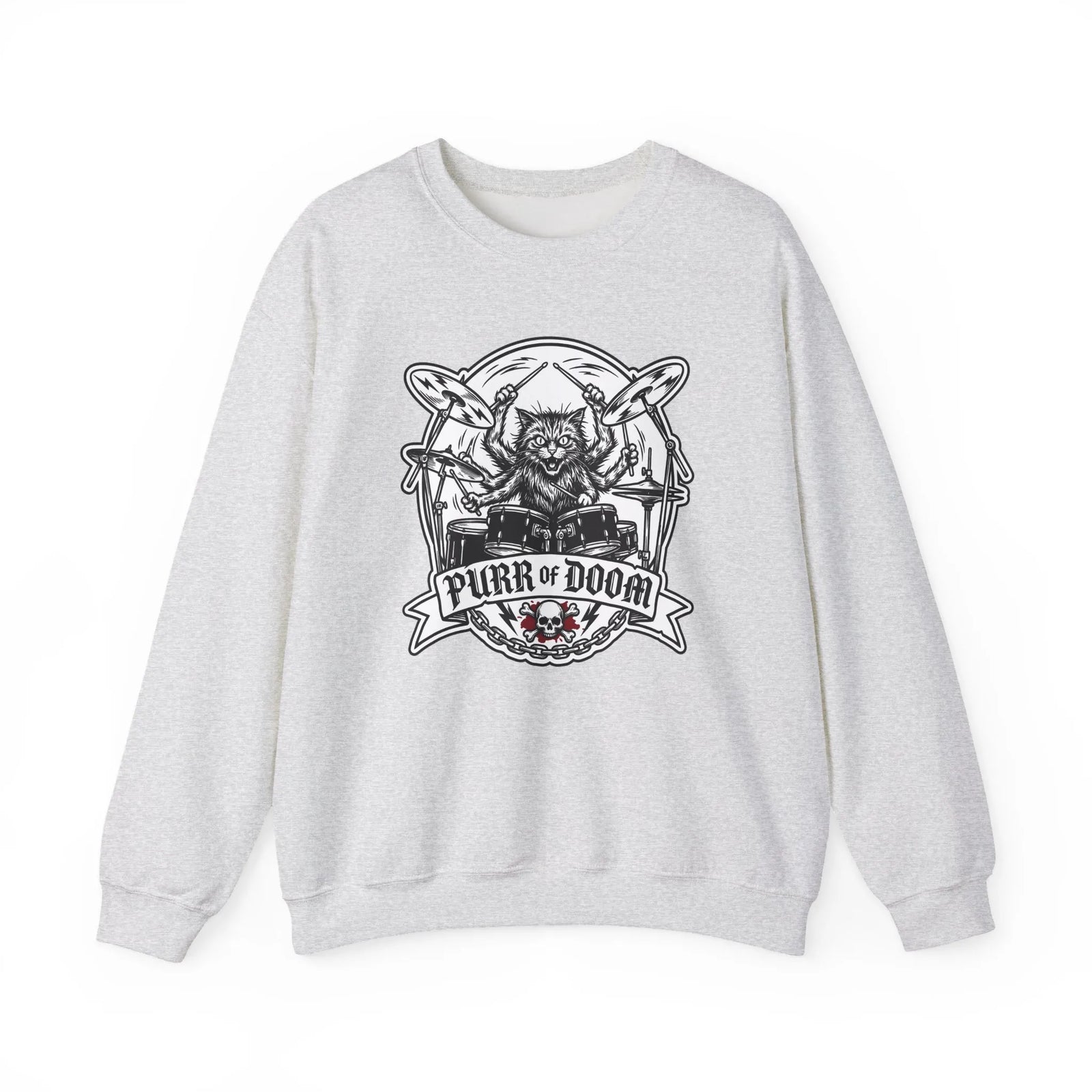 Heavy Metal Rocker Cats Drummer Sweatshirt - Heavy Blend Cotton Blend Crewneck - Unisex White