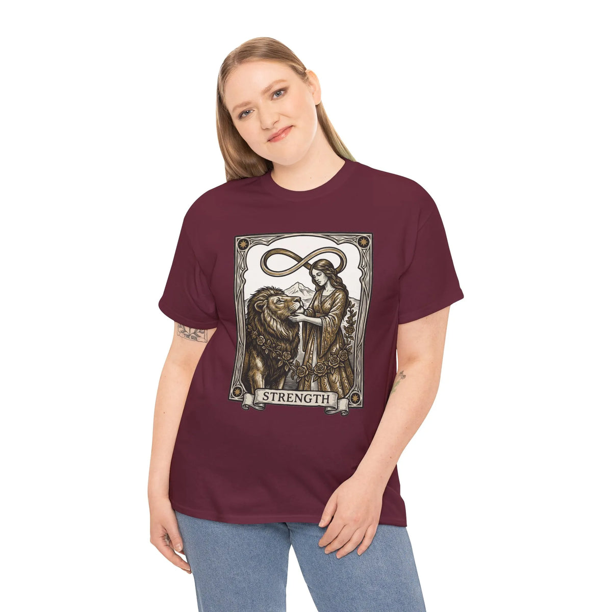 Tarot Strength Card Graphic T-Shirt - Heavy Cotton Classic Fit Crewneck - Unisex White