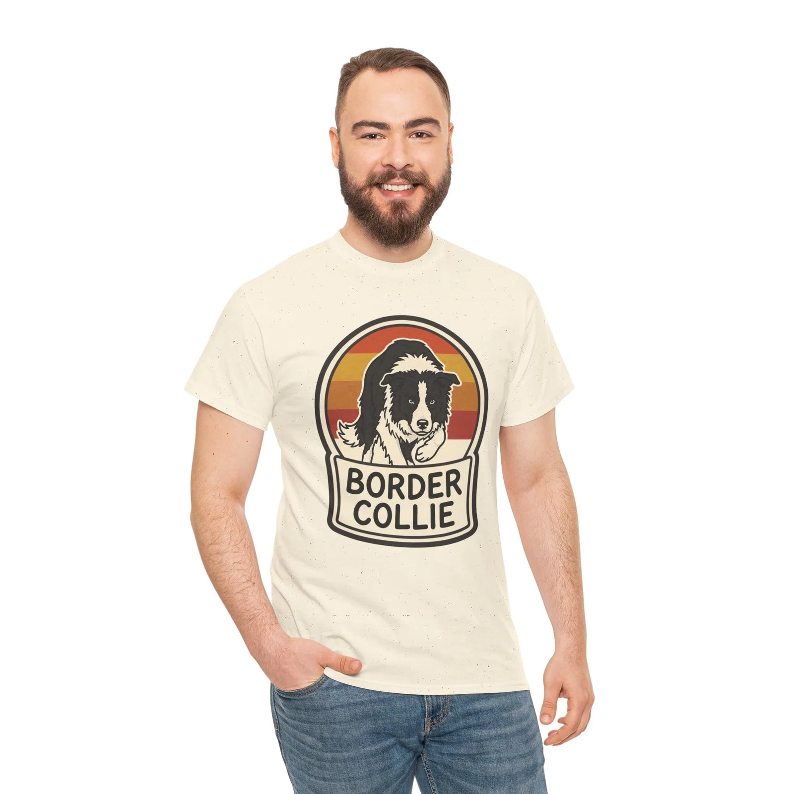 Border Collie Retro 70s Sunset T-Shirt - Heavy Cotton Classic Fit Tee - Unisex White