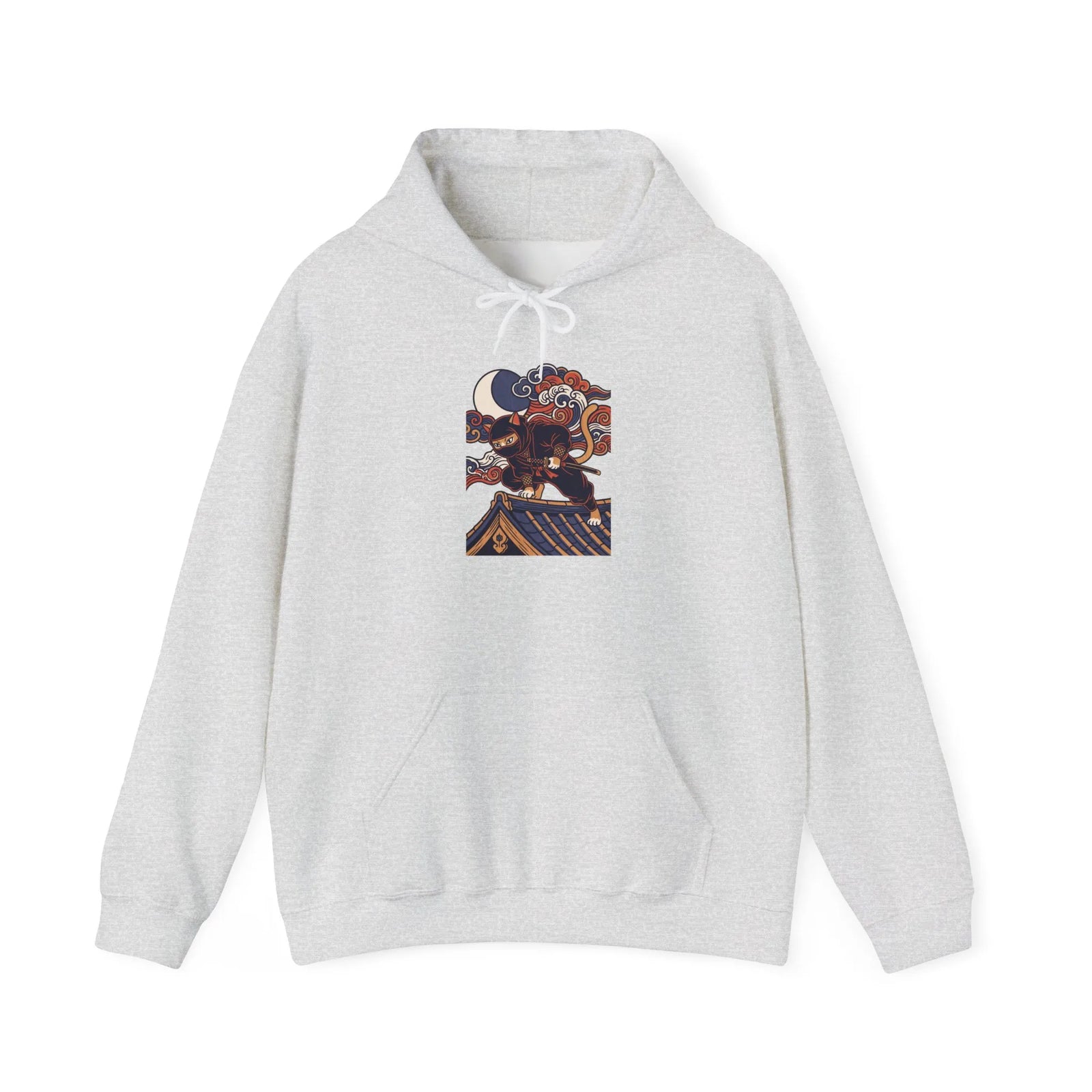 Ninja Cat Ukiyo-e Samurai Hoodie - Soft Fleece Blend Pullover - Unisex White