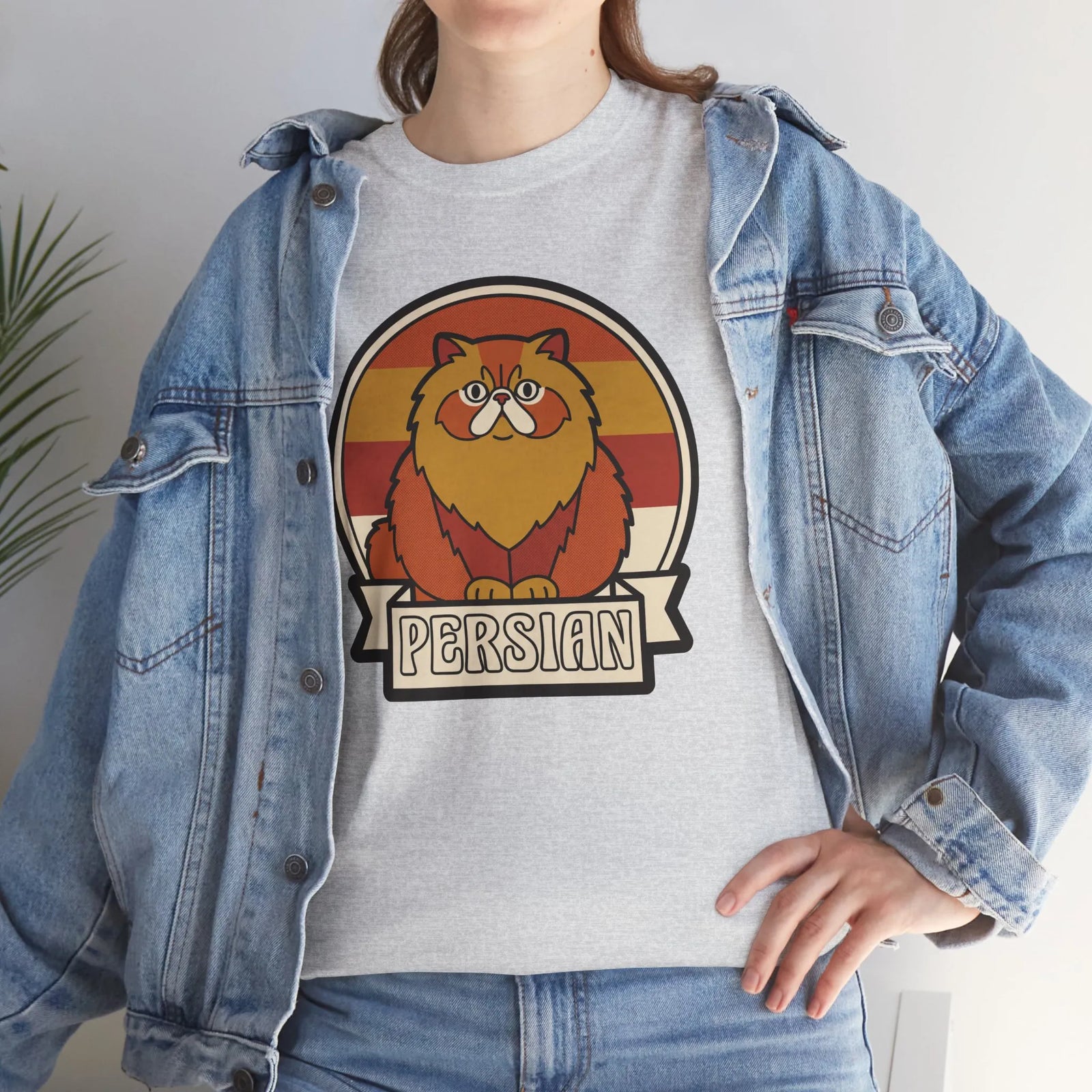 Persian Cat Retro Sunset T-Shirt - Heavy Cotton Classic Fit Tee - Unisex White