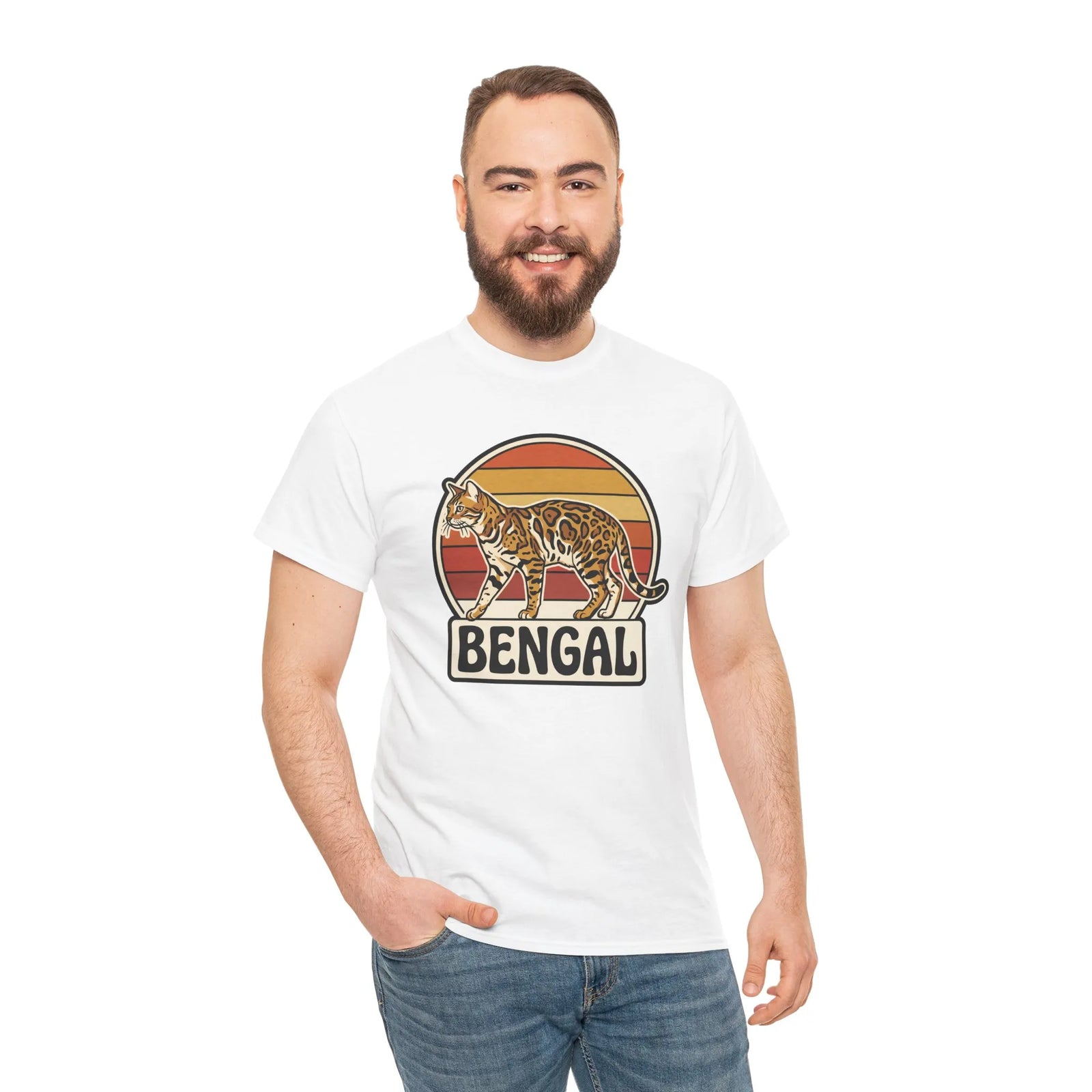 Bengal Cat Retro Sunset T-Shirt - Heavy Cotton Classic Fit Tee - Unisex White