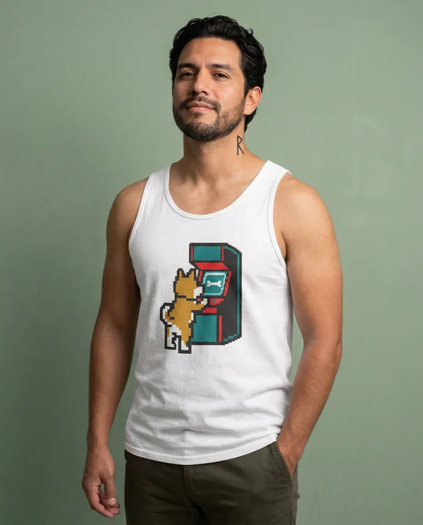 8-Bit Pixel Gaming Dog Arcade Tank Top - Lightweight Jersey Knit - Unisex White