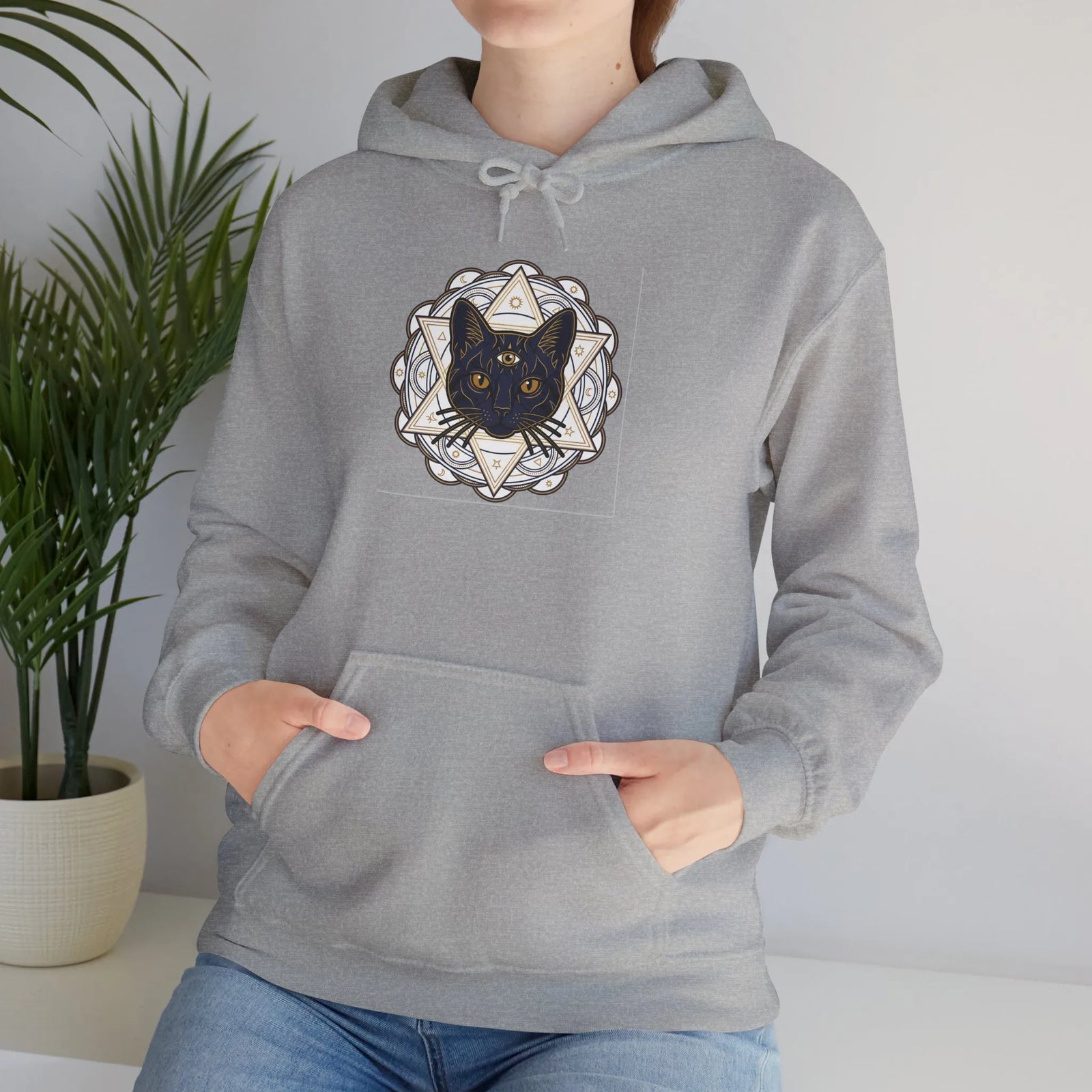 Third Eye Sacred Geometry Alchemist Cat Hoodie - Heavy Blend Fleece Pullover - Unisex White