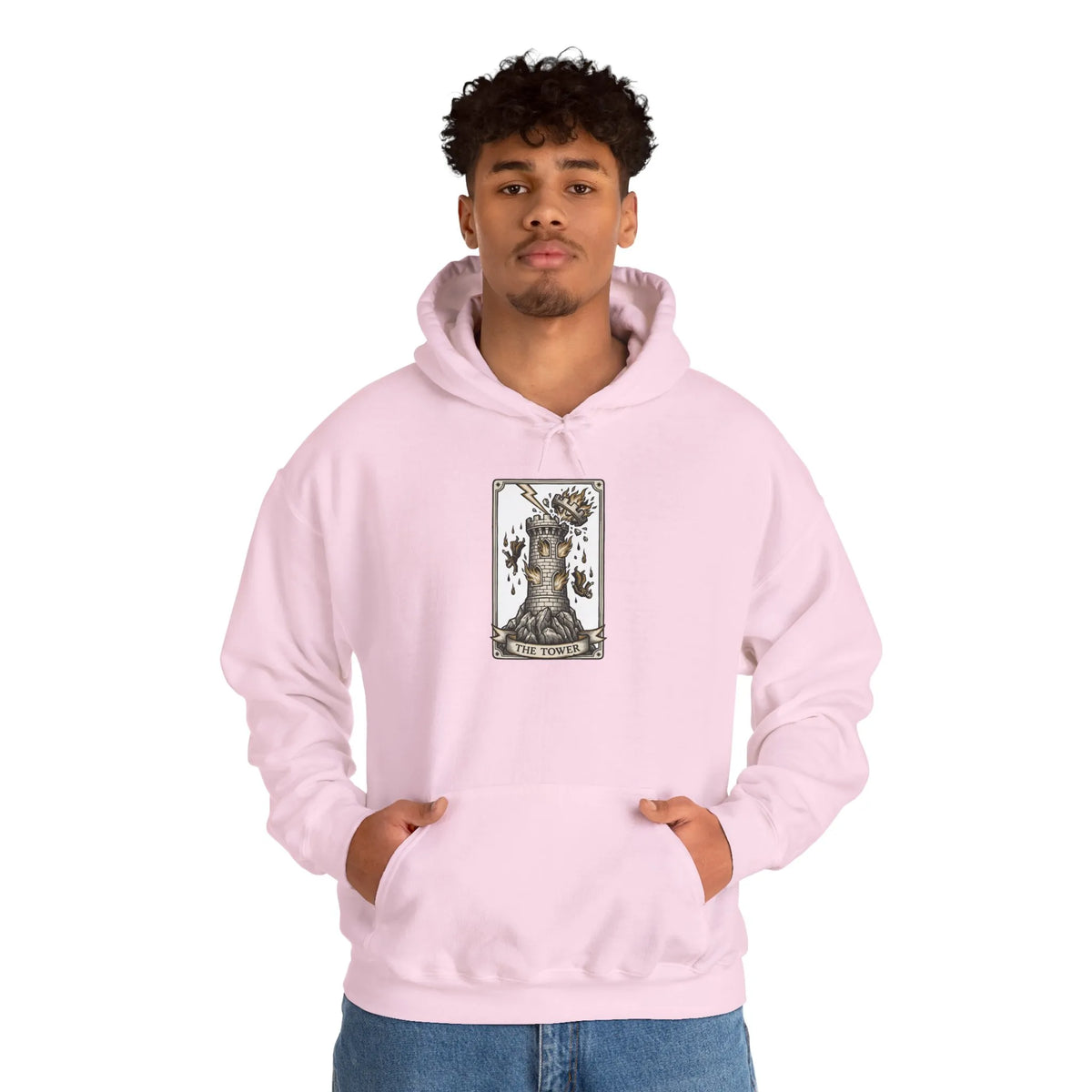 The Tower Tarot Card Hoodie - Heavy Blend Fleece Pullover - Unisex White