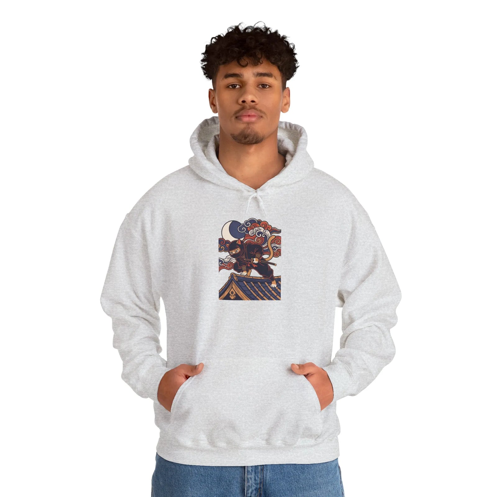Ninja Cat Ukiyo-e Samurai Hoodie - Soft Fleece Blend Pullover - Unisex White